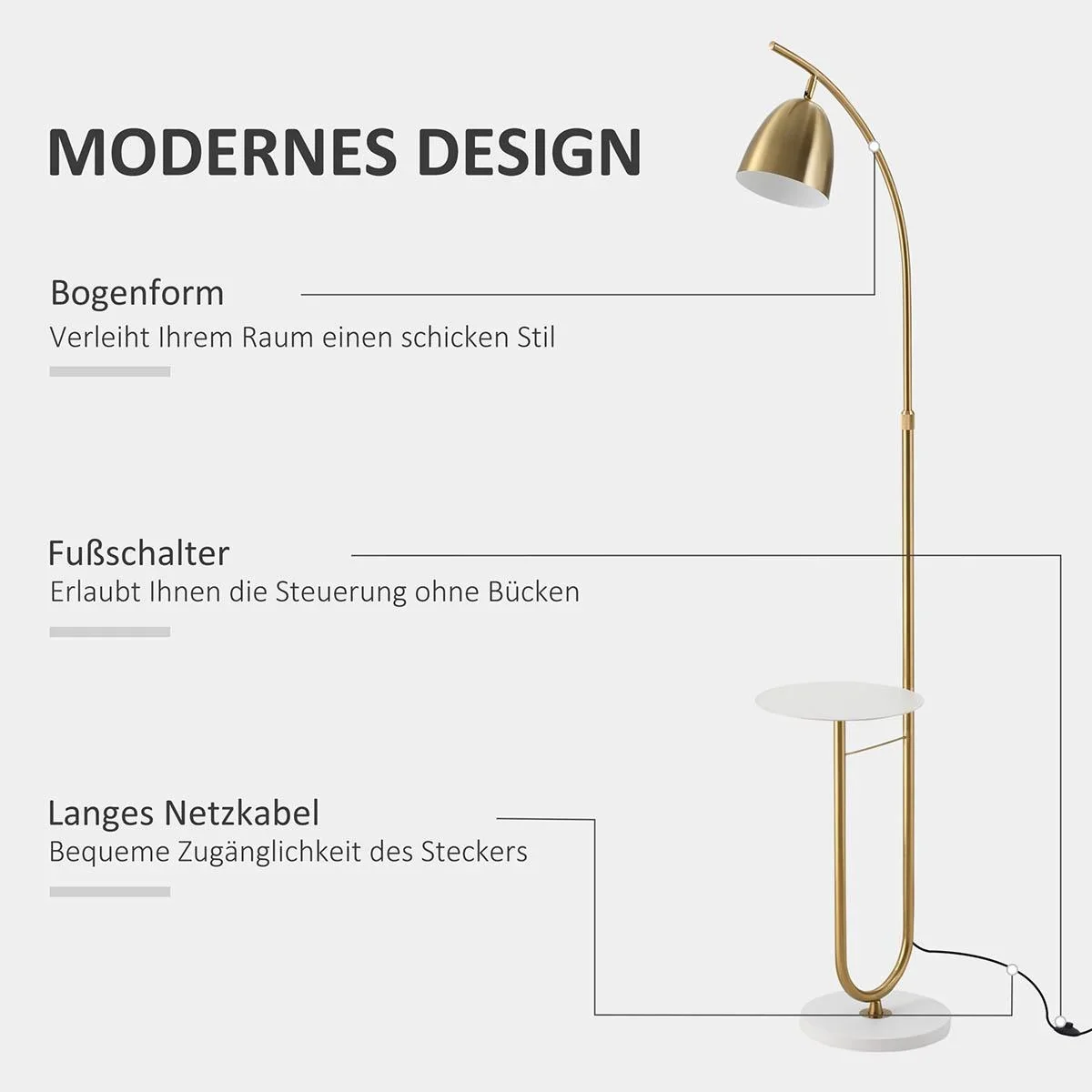 Stehlampe Standleuchte mit Desktop Netzkabel mit Fußschalter für Wohnzimmer Schlafzimmer Büro Metall Gold+Weiß 30 x 44 x - 3