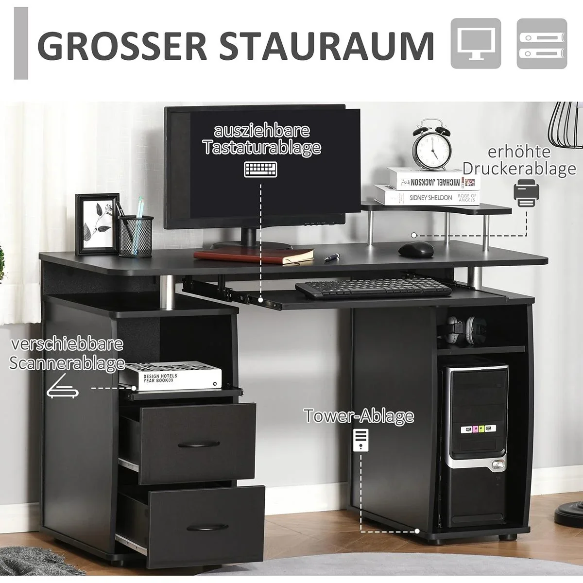 Computertisch mit 2 Schubladen Walnuss - 1