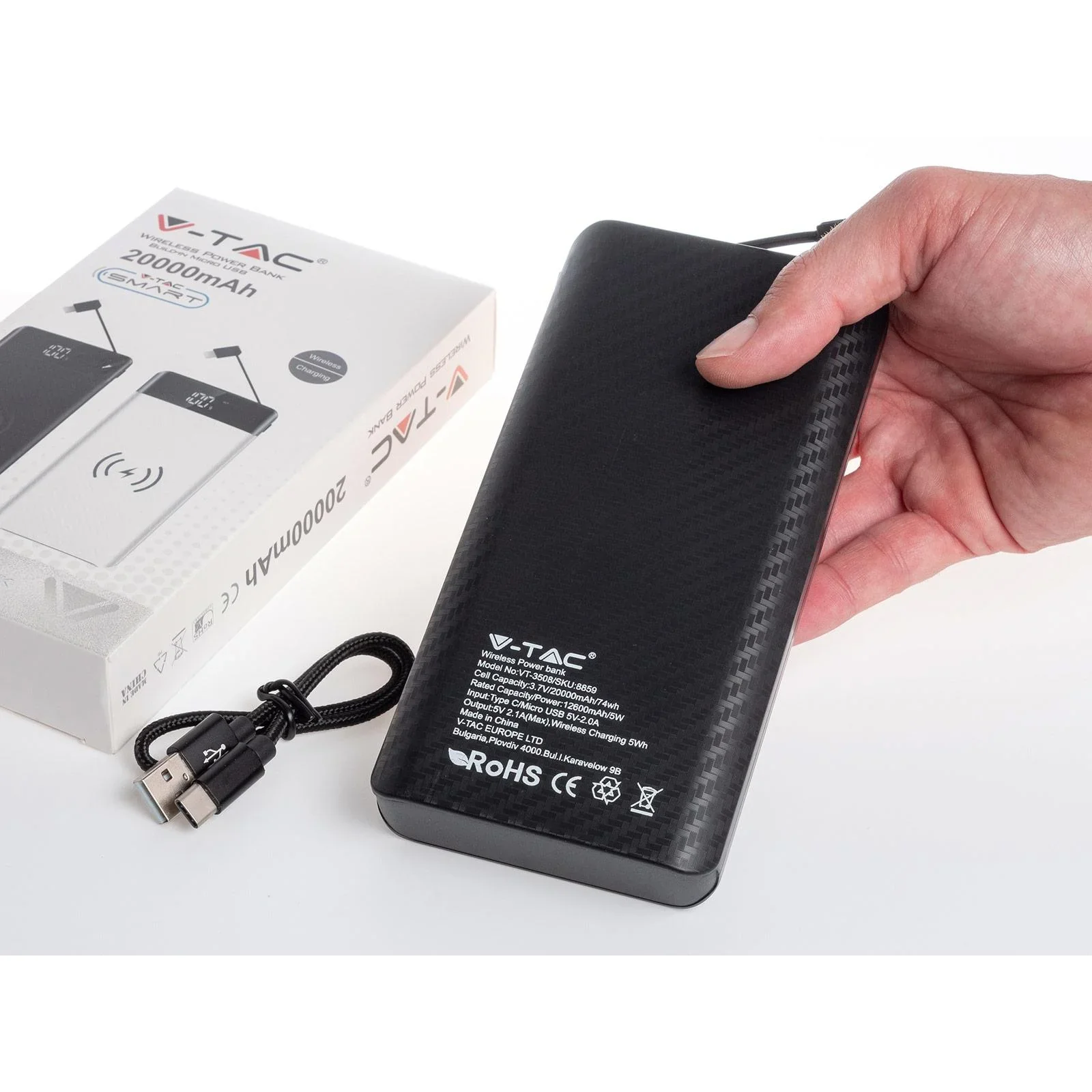 VT-3508 Netzteil mit drahtloser QI-Ladefunktion - 20.000mah - einschließlich Mikro-USB-Kabel - schwarz - 6