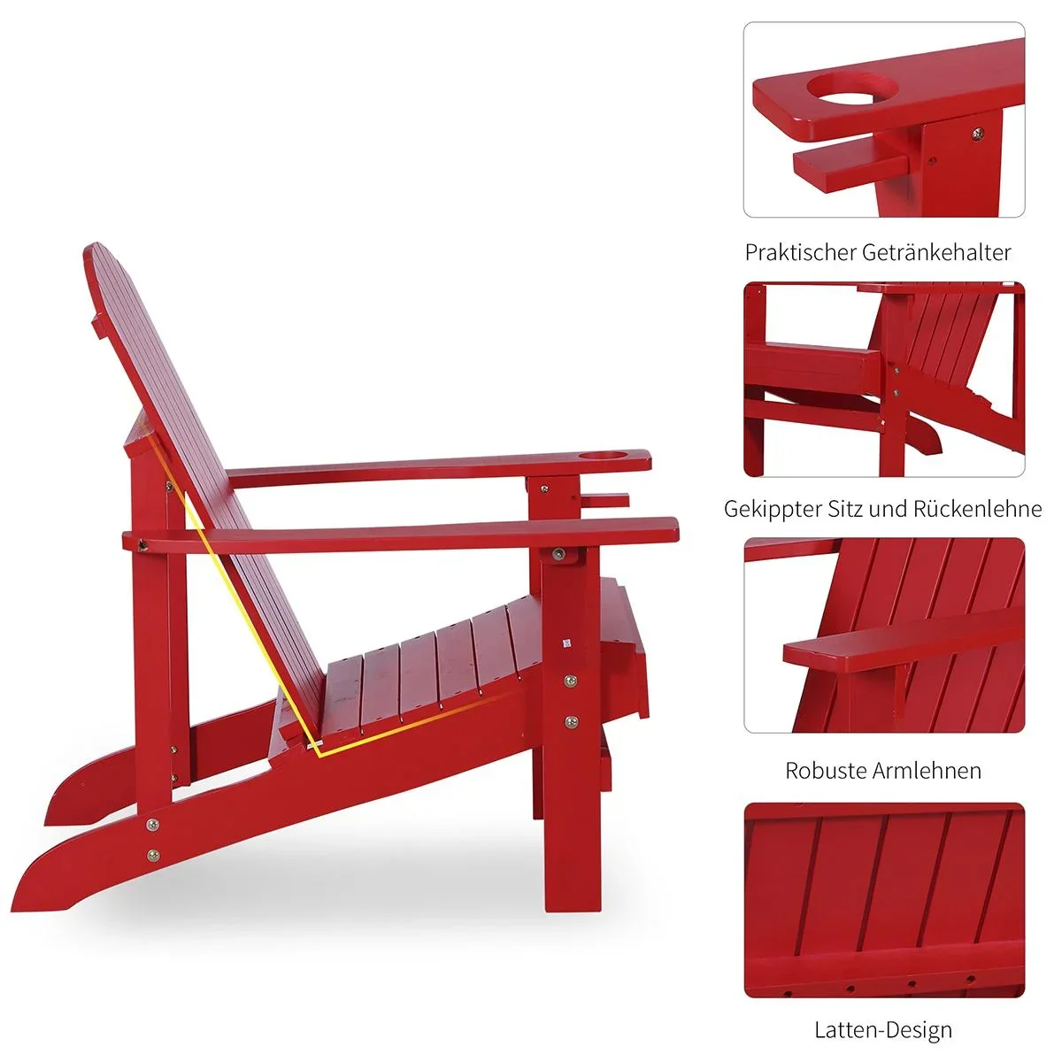 Adirondack-Gartenstuhl mit Becherhalter Gartenliege Balkonstuhl Massivholz Rot 97 x 72,5 x 93 cm - 4