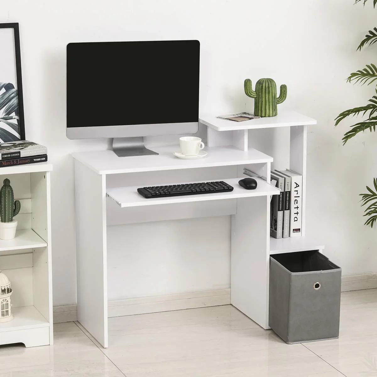 Computertisch, Schreibtisch, Bürotisch, Gamingtisch, PC-Tisch mit Tastaturablage, Schublade, E1 Spanplatte, Weiß, 100 x - 0