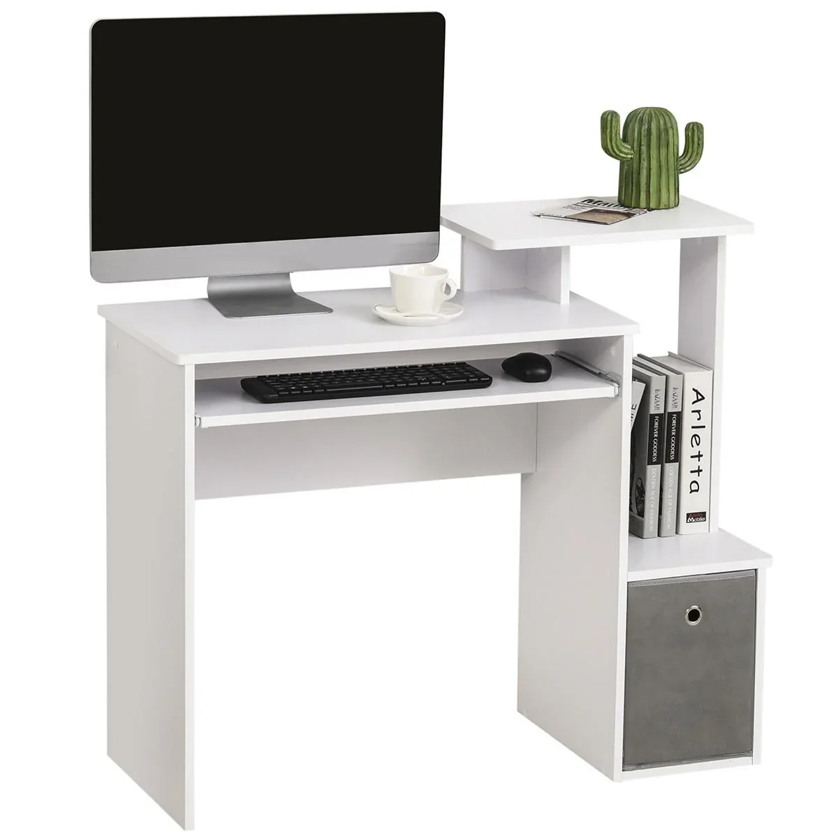 Computertisch, Schreibtisch, Bürotisch, Gamingtisch, PC-Tisch mit Tastaturablage, Schublade, E1 Spanplatte, Weiß, 100 x - 1
