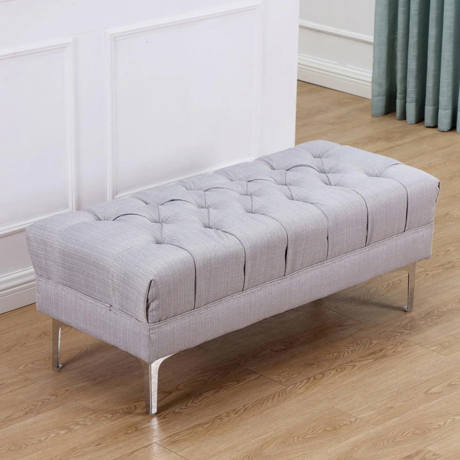 Polsterbank Truhenbank Retro Leinen Metallfüße Grau - 0