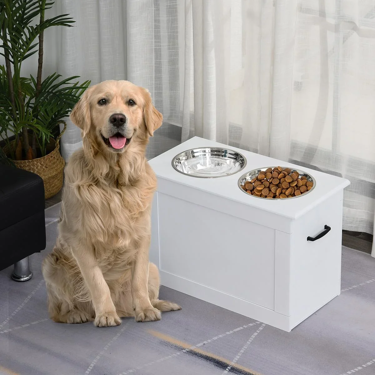 Hunde Fressnapf mit Staumraum 2 Näpfen Futterstation Edelstahlnapf Katzenapf MDF Edelstahl Weiß 60 x 30 x 41 cm - 0