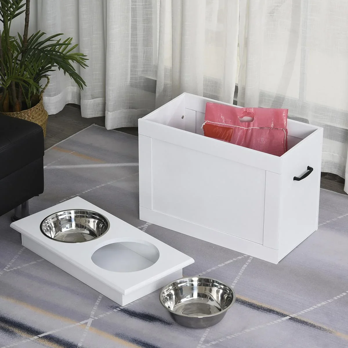 Hunde Fressnapf mit Staumraum 2 Näpfen Futterstation Edelstahlnapf Katzenapf MDF Edelstahl Weiß 60 x 30 x 41 cm - 2