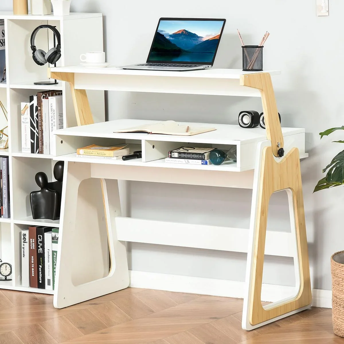 Schreibtisch Stehpult und Sitzpult mit verstellbarem Regal Bürotisch mit 2 Fächer Home-Office helles Kiefer beige Weiß 9 - 0