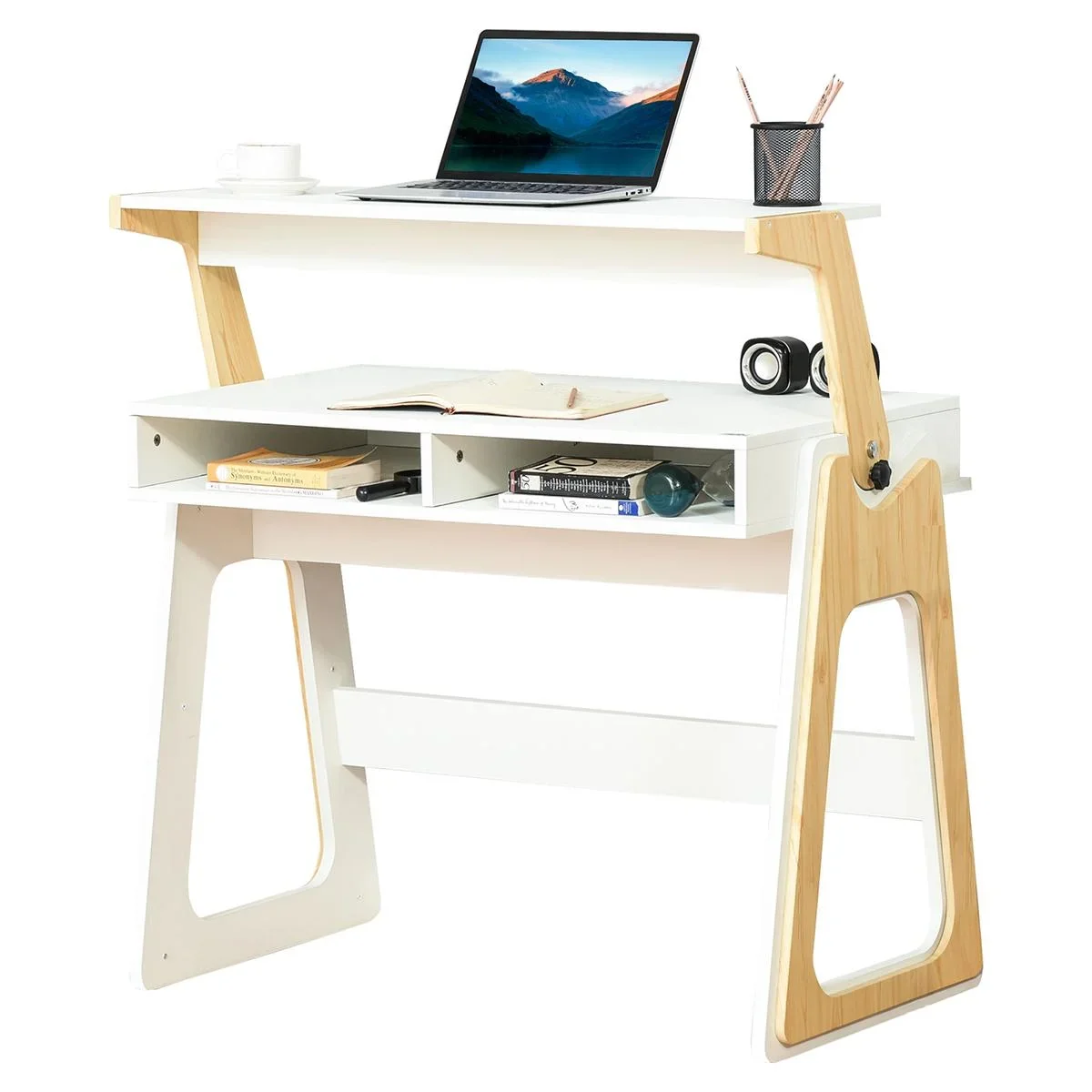 Schreibtisch Stehpult und Sitzpult mit verstellbarem Regal Bürotisch mit 2 Fächer Home-Office helles Kiefer beige Weiß 9 - 1
