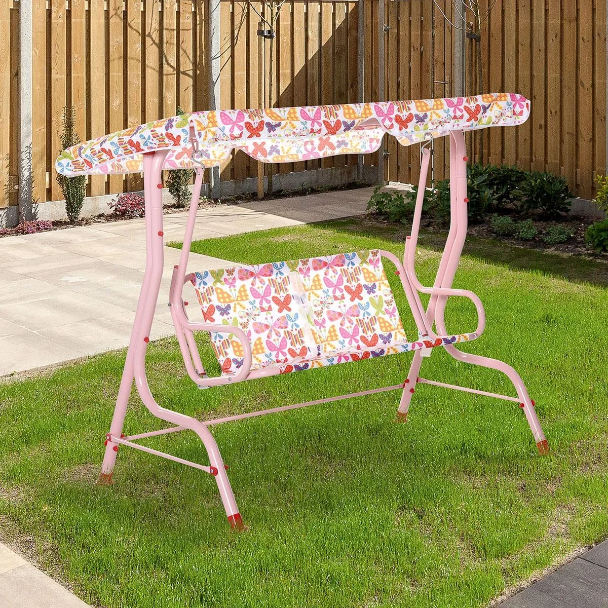 Kinder Hollywoodschaukel Kinderschaukel mit Sonnendach 2-Sitzer Gartenschaukel für 3-6 Jahre Metall Rosa 110L x 70B x 11 - 0