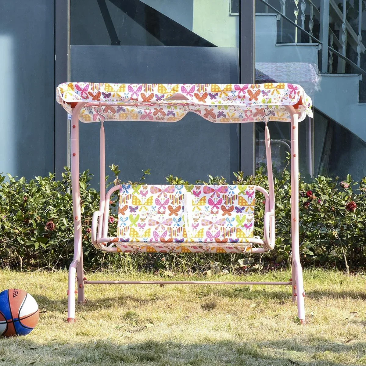 Kinder Hollywoodschaukel Kinderschaukel mit Sonnendach 2-Sitzer Gartenschaukel für 3-6 Jahre Metall Rosa 110L x 70B x 11 - 2