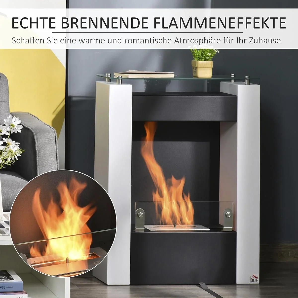 Ethanol-Kamin Bio-Ethanol-Brenner 2000W 1,5L 3 Std. Stahl Edelstahl gehärtetes Glas Weiß+Schwarz 60 x 20 x 79 cm - 1