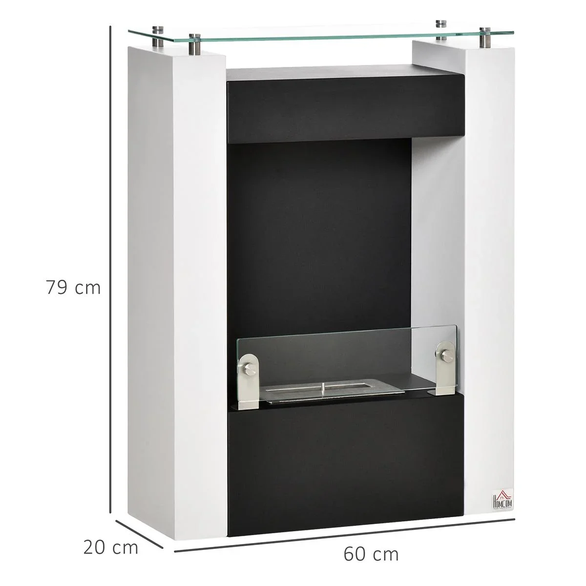 Ethanol-Kamin Bio-Ethanol-Brenner 2000W 1,5L 3 Std. Stahl Edelstahl gehärtetes Glas Weiß+Schwarz 60 x 20 x 79 cm - 2