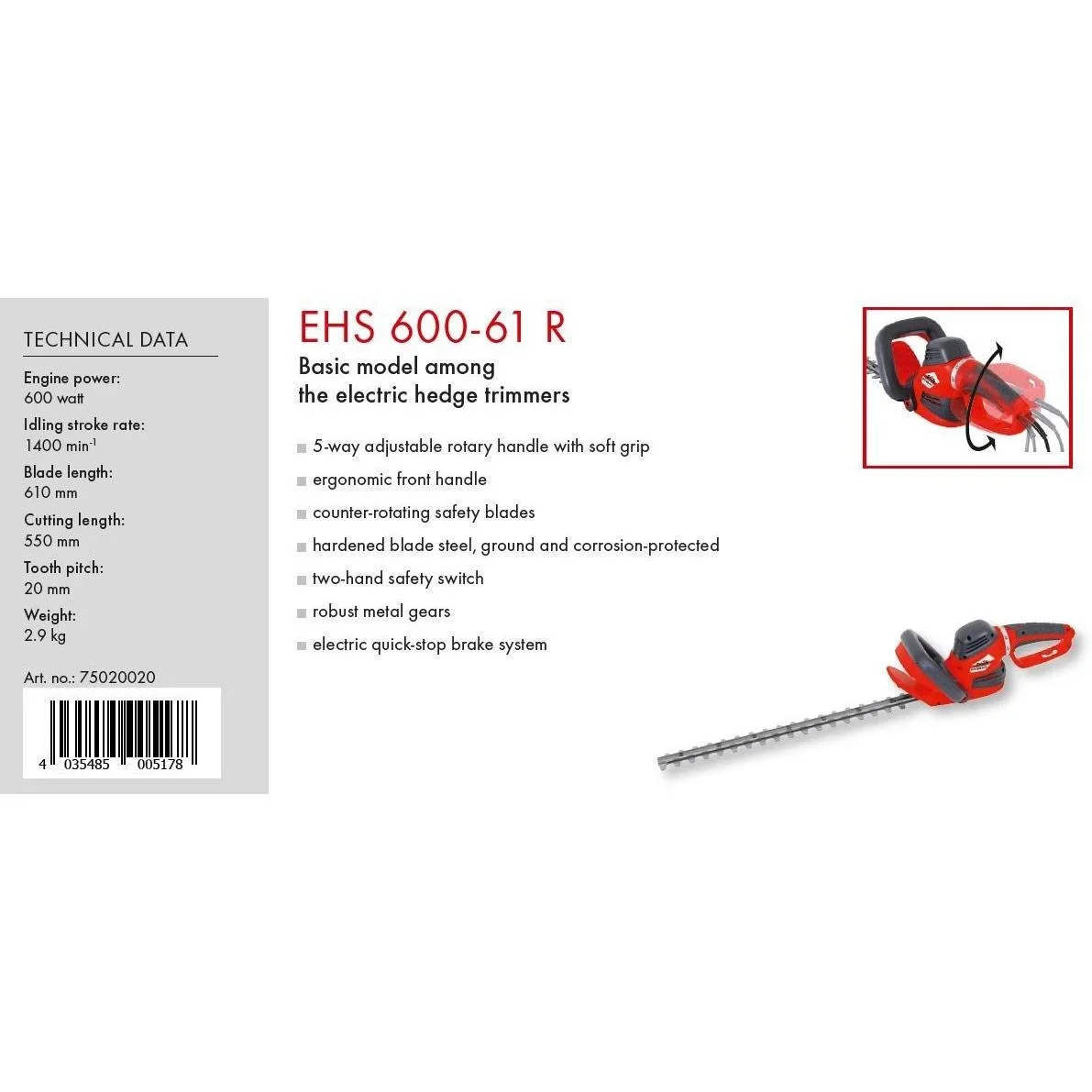 Elektrische Heckenschere EHS 600-61R - 600W - 61 cm - 0