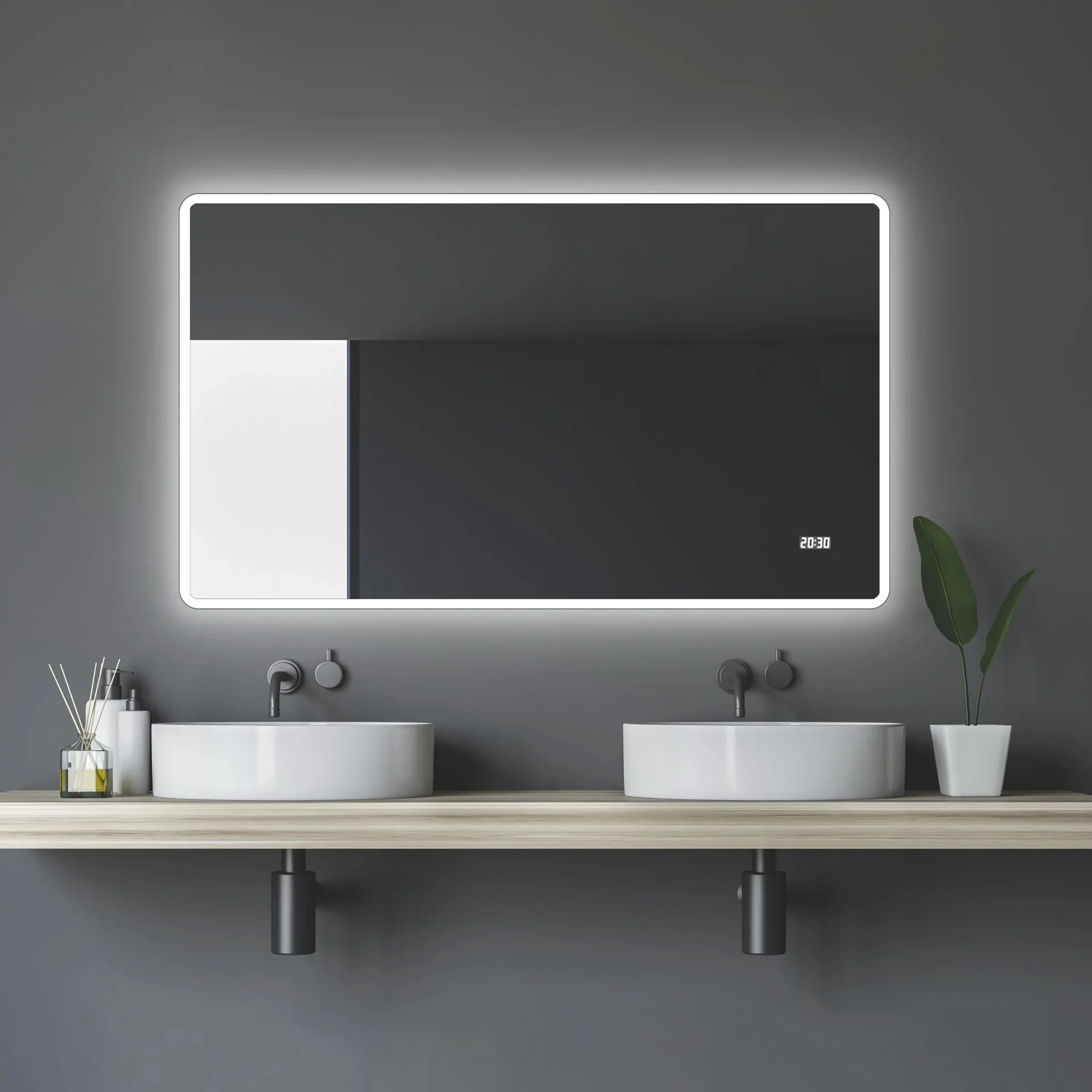 Badezimmerspiegel mit Beleuchtung, "Sun" - 120 x 70 cm - Lichtumrahmung - Lichtfarbe neutralweiß - Digitaluhr - 0