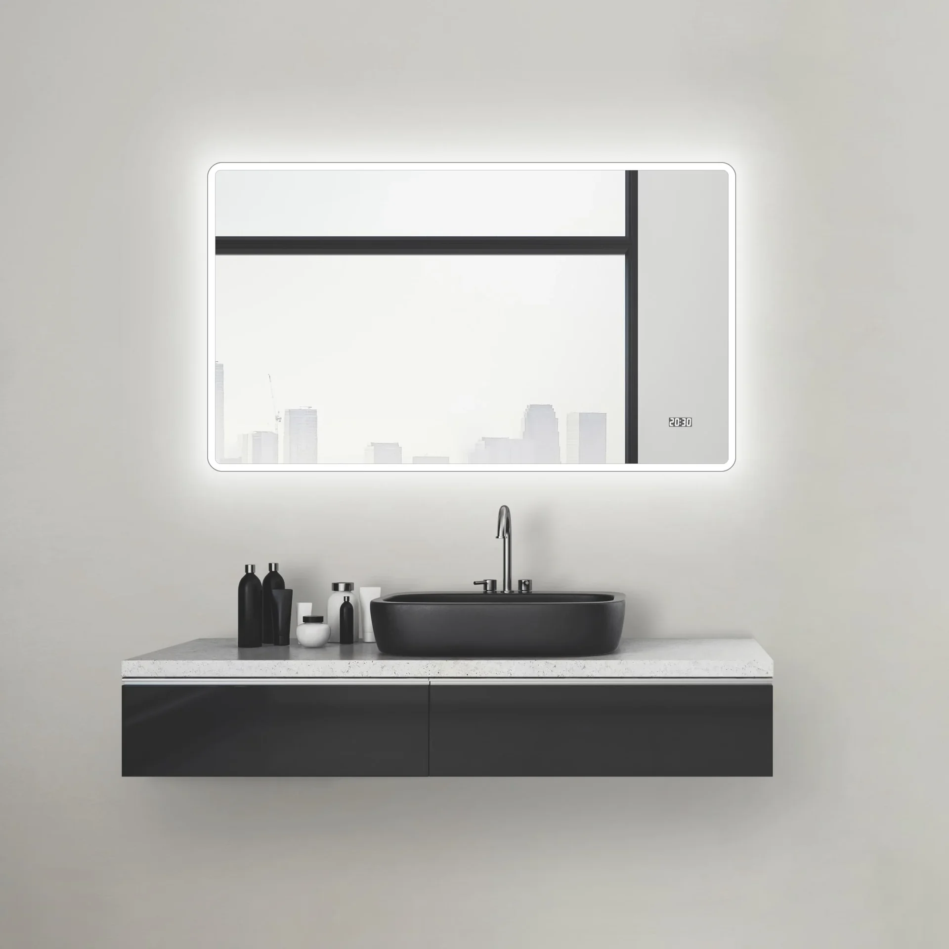 Badezimmerspiegel mit Beleuchtung, "Sun" - 120 x 70 cm - Lichtumrahmung - Lichtfarbe neutralweiß - Digitaluhr - 4