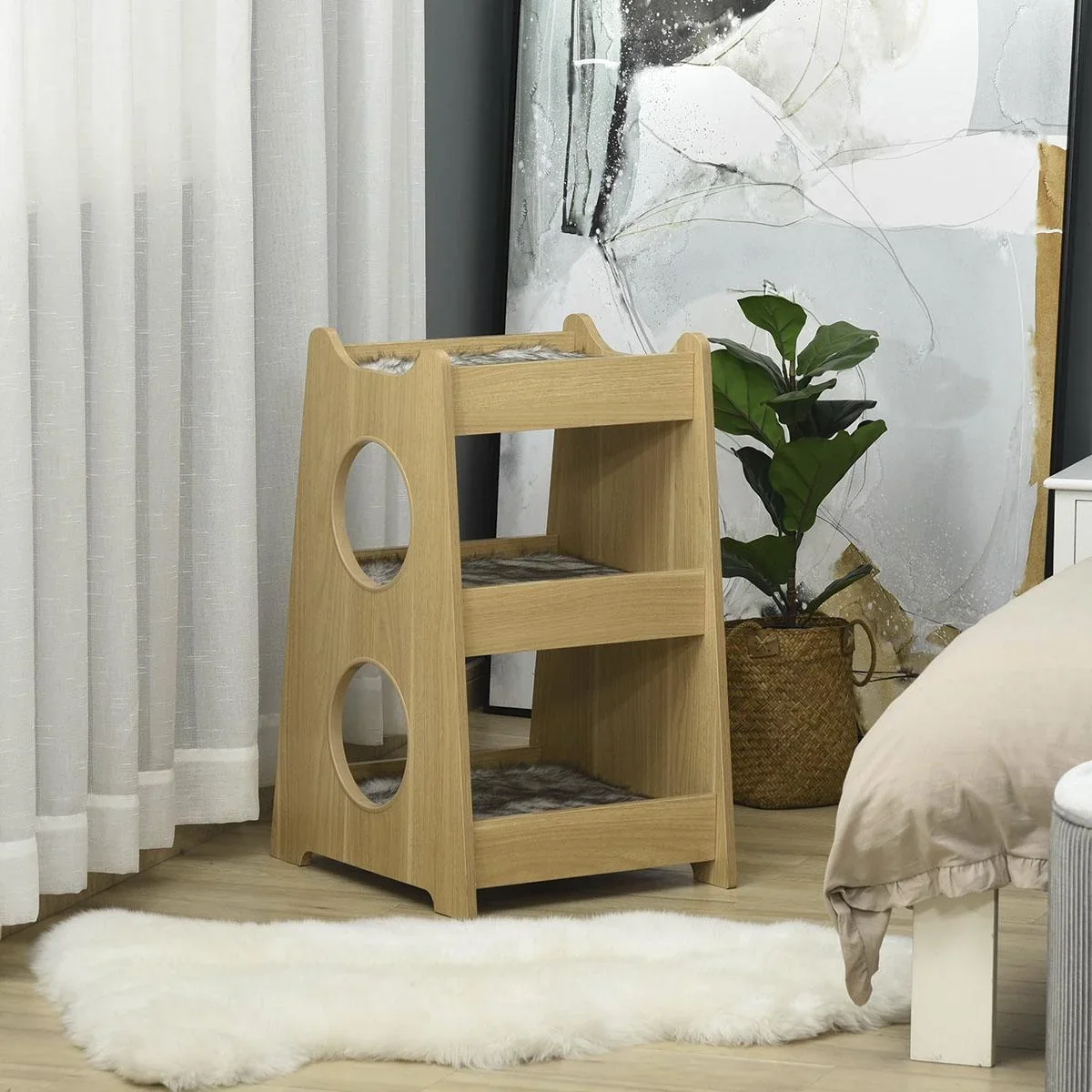 Katzenbett dreiistöckiges Katzenhaus mit Löcher weichen Kissen Polyester MDF Natur+Weiß+Grau 50 x 43 x 74 cm - 1