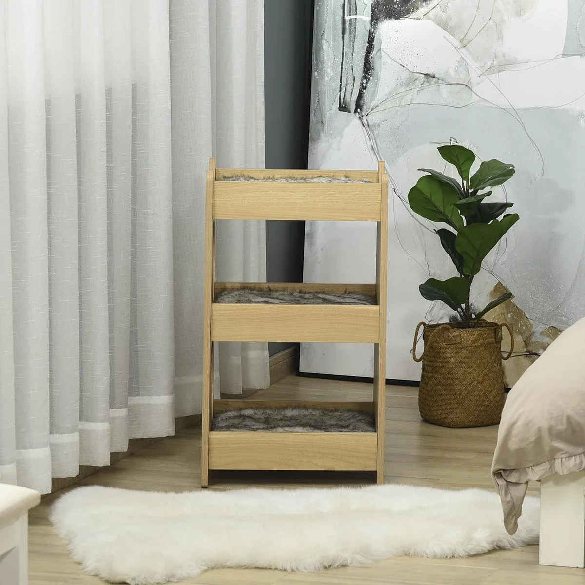 Katzenbett dreiistöckiges Katzenhaus mit Löcher weichen Kissen Polyester MDF Natur+Weiß+Grau 50 x 43 x 74 cm - 2