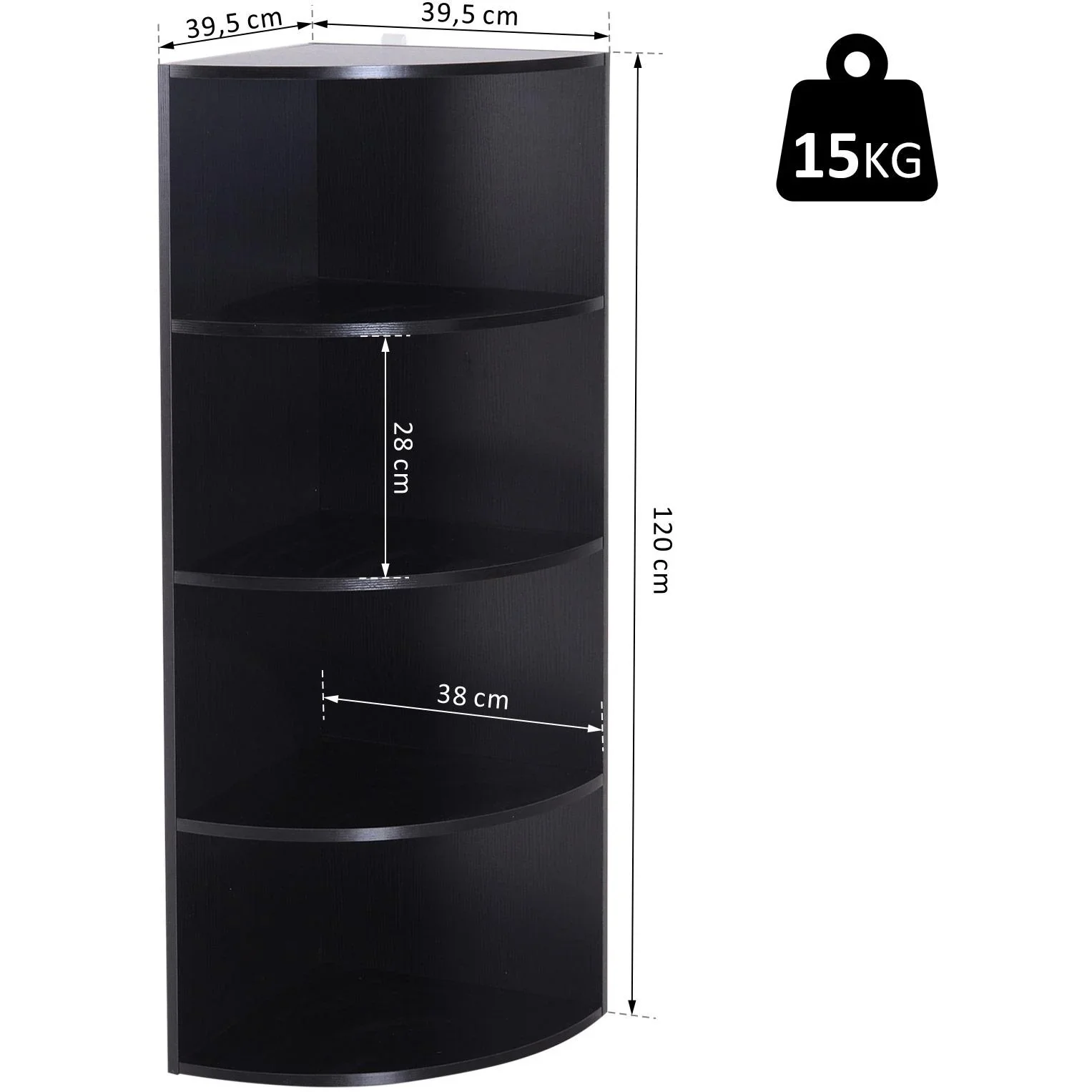 Eckregal Standregal Bücherregal Dekoregal Blumenregal Holzregal fächerförmig 4 Fächer Schwarz 39,5 x 39,5 x 120 cm - 4