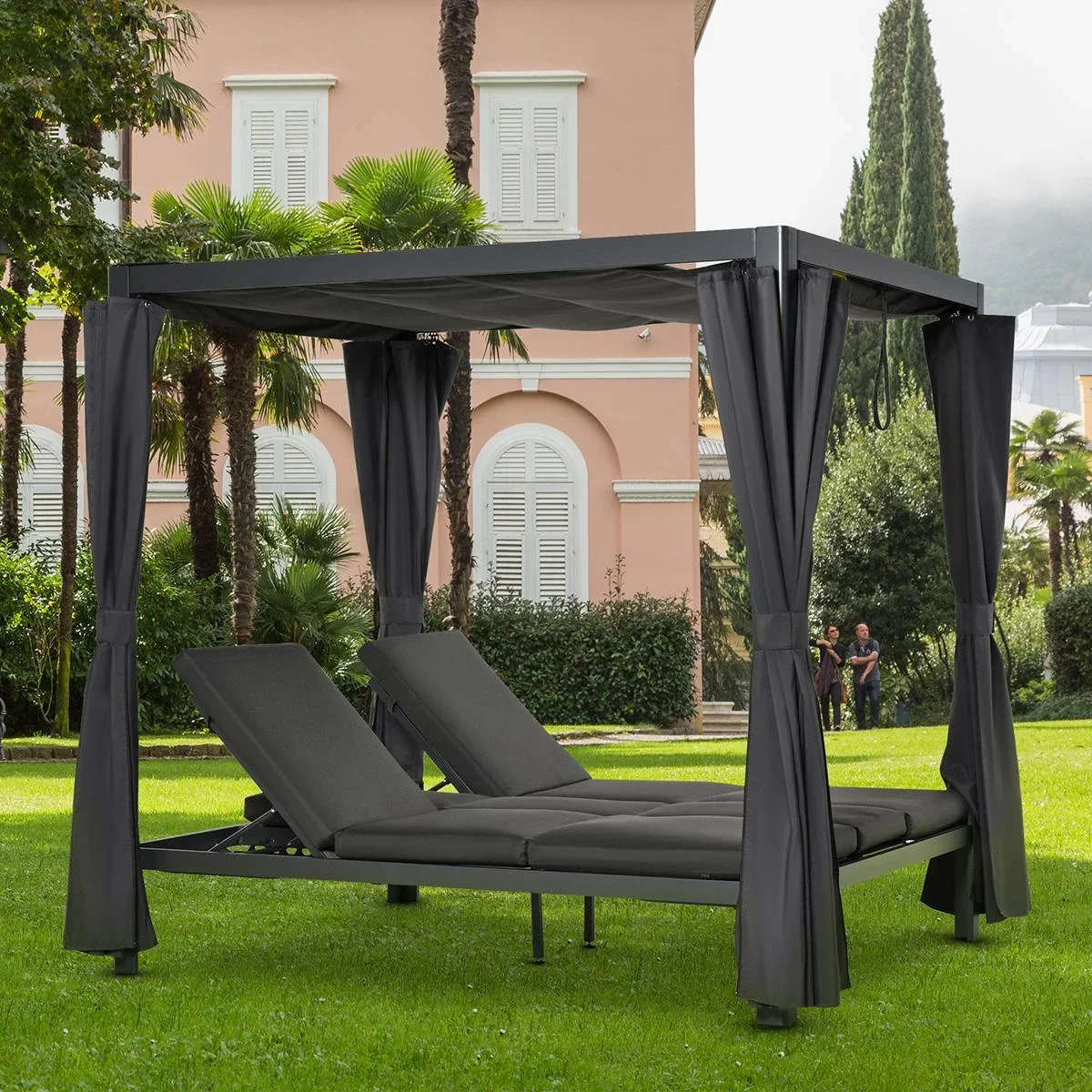 Sonnenliege für 2 Personen Doppelliege mit Vorhängen Sonnendach Pavillon Gartenliege Sonnenbett vertsellbar Aluminium Po - 0