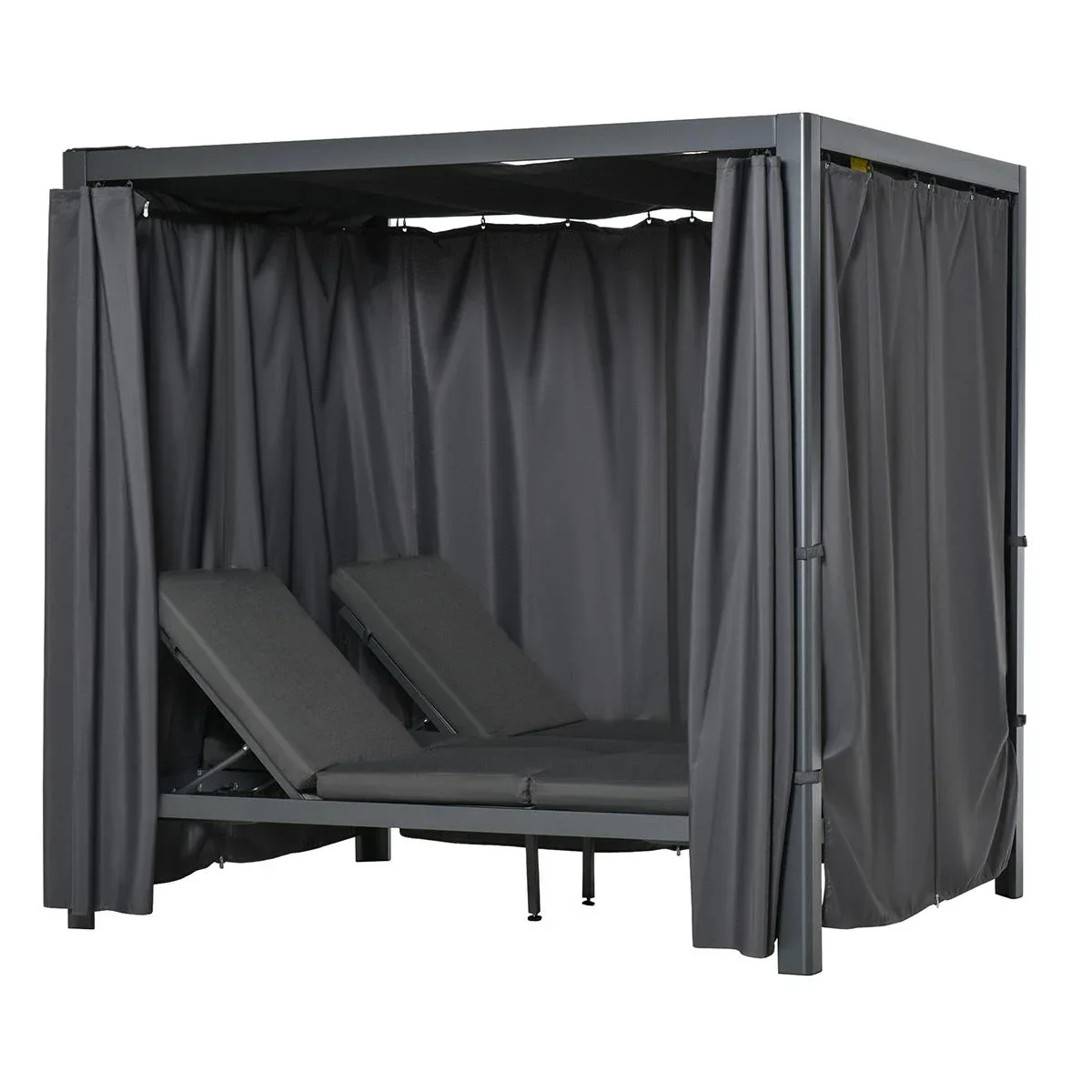 Sonnenliege für 2 Personen Doppelliege mit Vorhängen Sonnendach Pavillon Gartenliege Sonnenbett vertsellbar Aluminium Po - 1