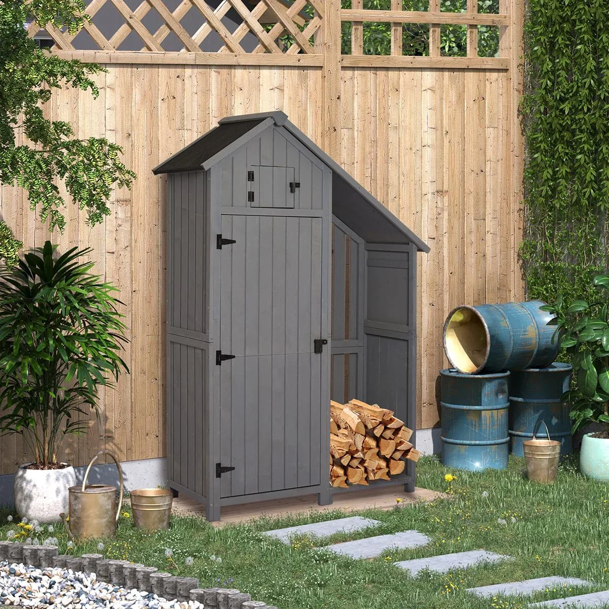 Gartenschrank Holz Geräteschuppen Gartenhaus Geräteschrank Holzhütte Giebeldach Grau+ Schwarz 129 x 51,5 x 180 cm - 0