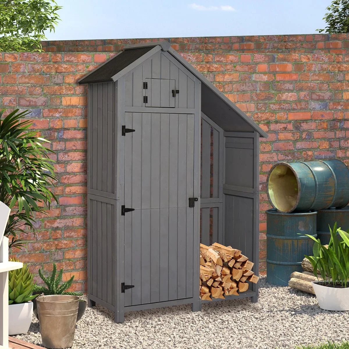 Gartenschrank Holz Geräteschuppen Gartenhaus Geräteschrank Holzhütte Giebeldach Grau+ Schwarz 129 x 51,5 x 180 cm - 1