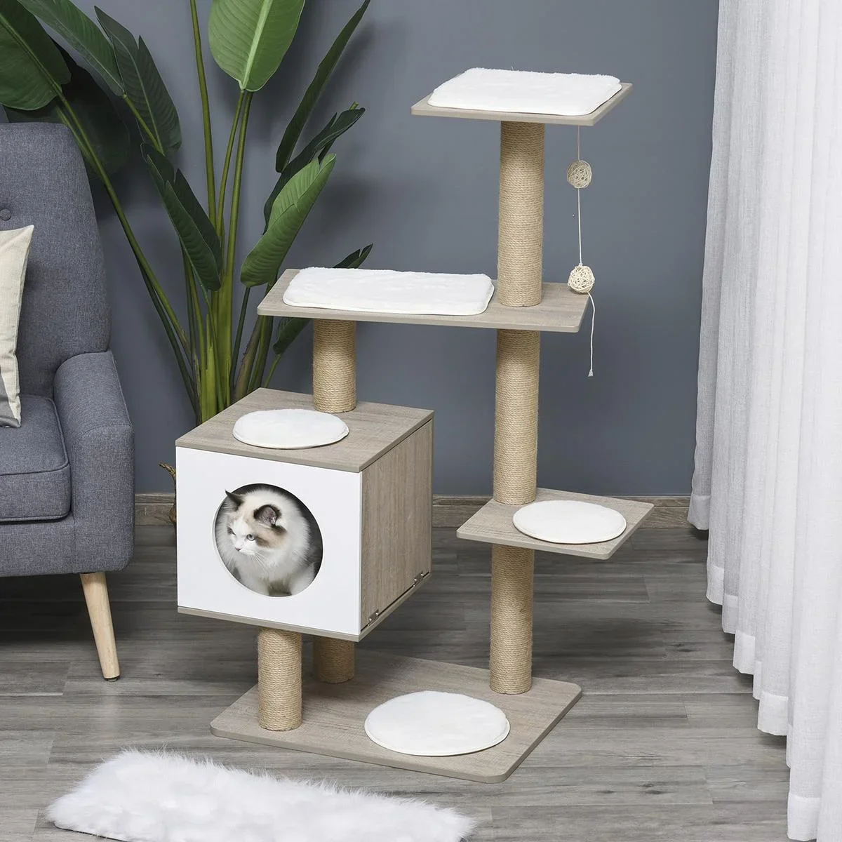 Kratzbaum Katzenbaum Kletterbaum für Katzen Mehrstufiges Multiaktivitätszentrum mit Katzenhöhle Rampe Weichkissen E1 MDF - 0