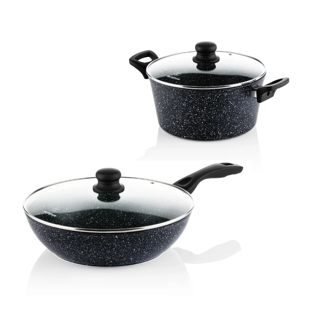 NL Schwarzer Marmor Kochset - Kochtopf 24 cm + Wokpfanne 30 cm - Schwarz - 1