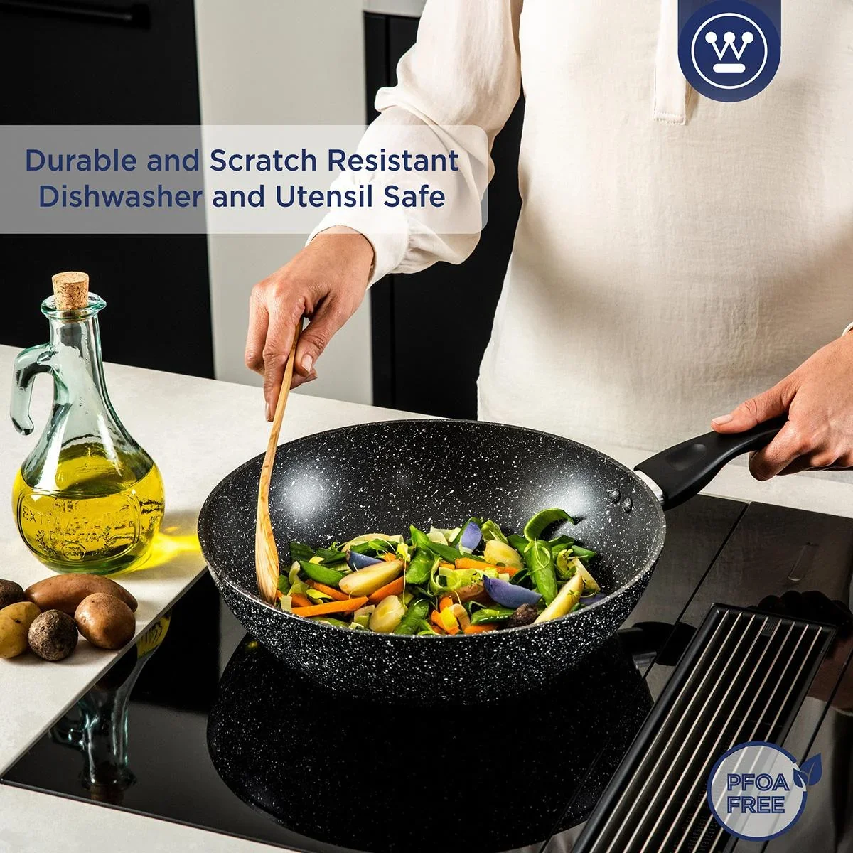 NL Schwarzer Marmor Kochset - Kochtopf 24 cm + Wokpfanne 30 cm - Schwarz - 4