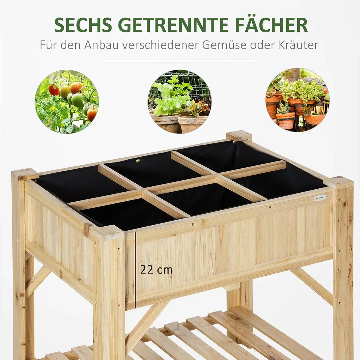 Hochbeet Holz mit 6 getrennten Anbauflächen Pflanztisch Blumenkasten Vliesstoff Natur 78,5 x 58 x 81 cm - 2