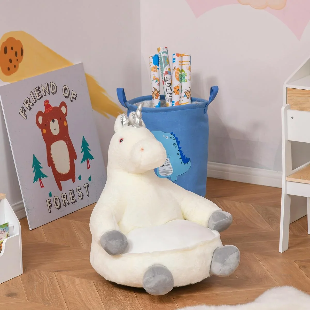 Plüsch-Kindersessel Plüschtier Kinderstuhl Sofa Einhorn für Spielzimmer Kinderzimmer für 18-36 Monaten Weiß 59 x 50 x 68 - 0