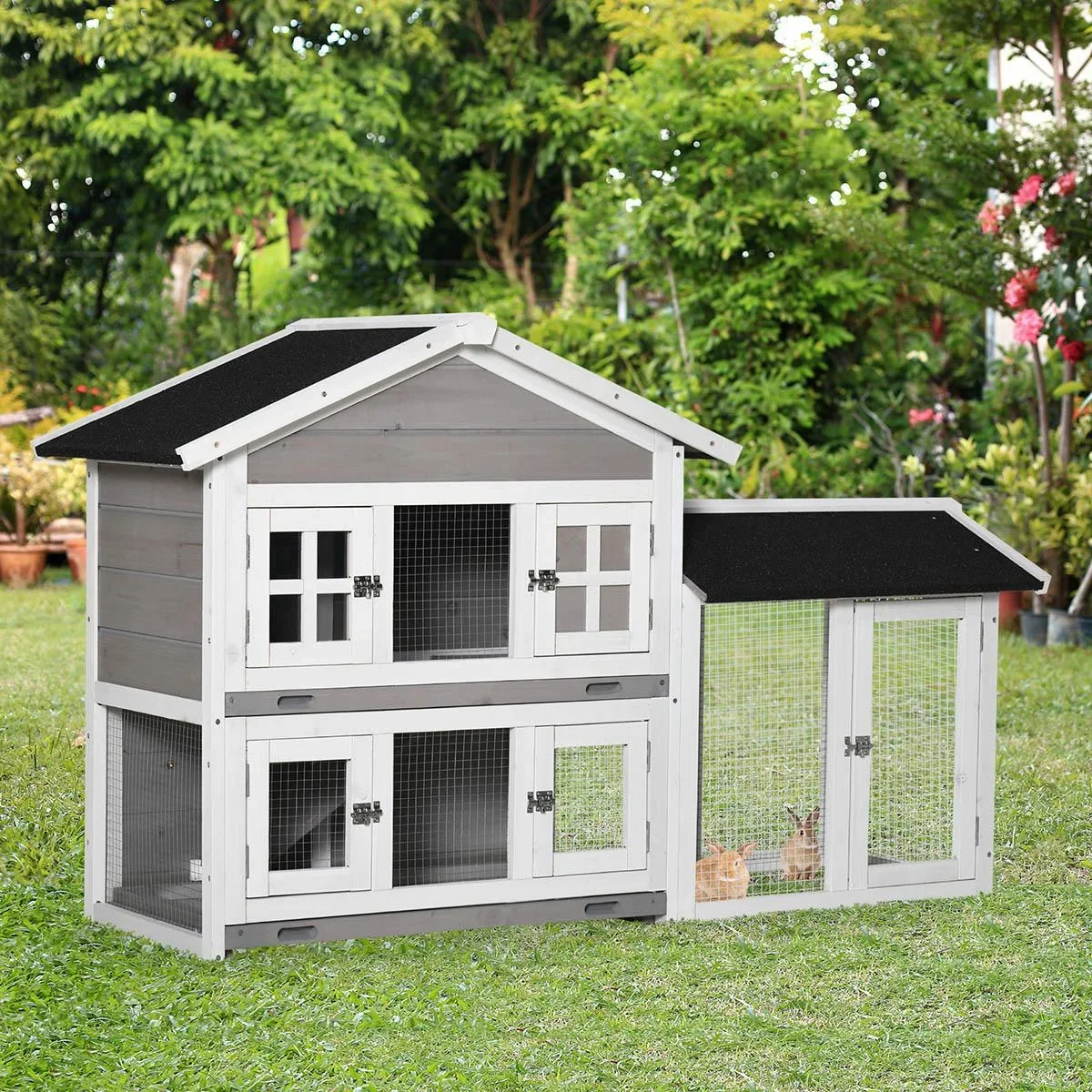 Kaninchenstall mit 2 Ebenen Herausnehmbare Bodenwanne Grau + Schwarz + Weiß 150 x 55 x 91 cm - 2