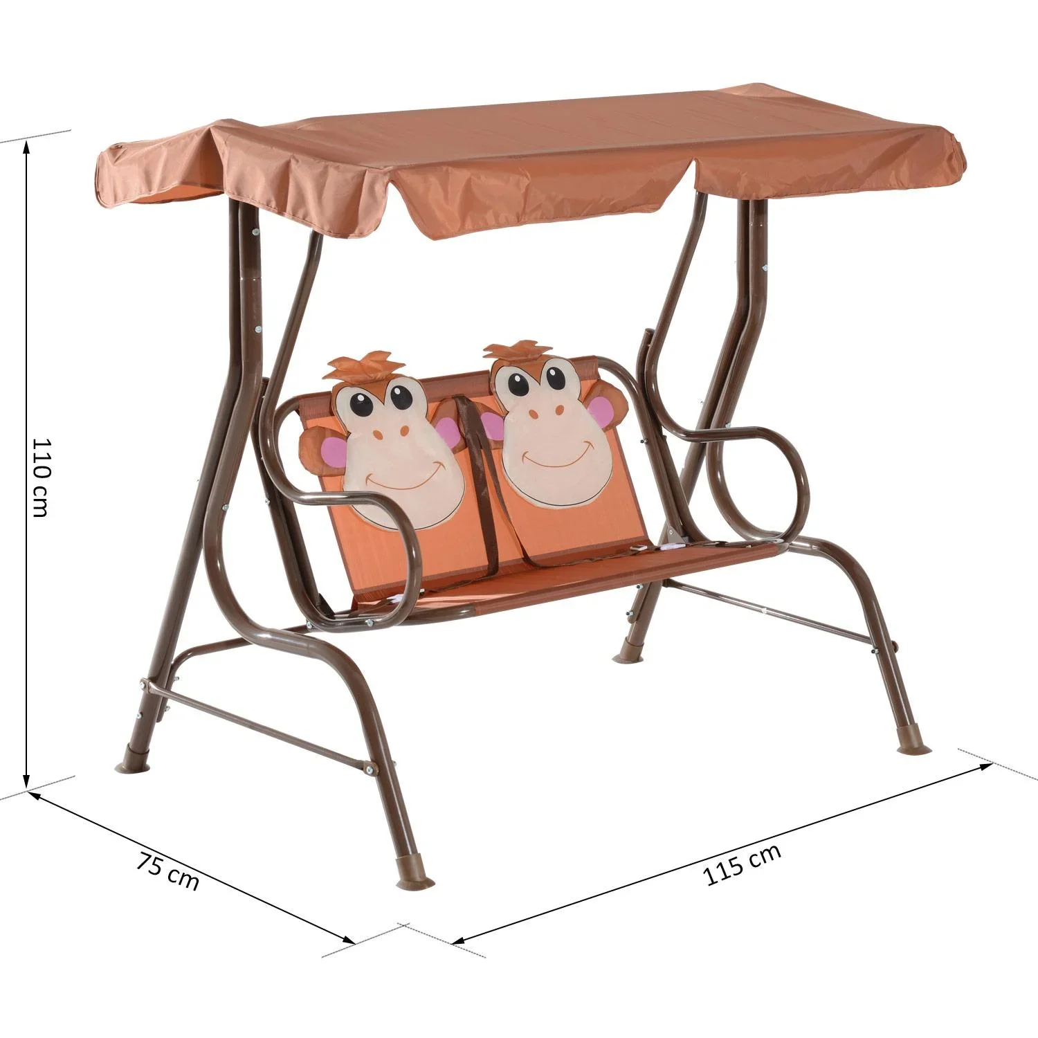 Kinder Gartenschaukel Doppelschaukel Schaukelbank in Affenmuster Metall + Oxfordstoff Braun 115 x 75 x 110 cm - 0