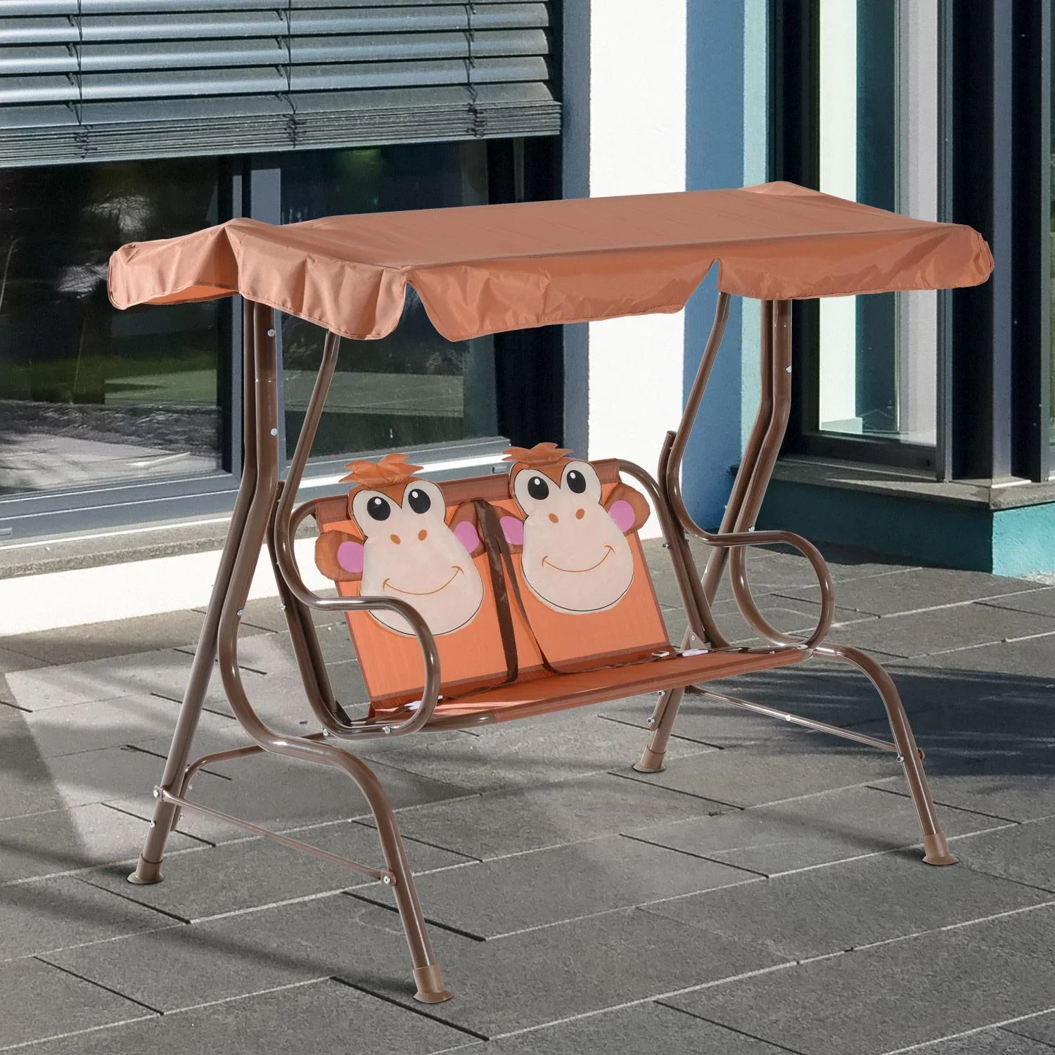 Kinder Gartenschaukel Doppelschaukel Schaukelbank in Affenmuster Metall + Oxfordstoff Braun 115 x 75 x 110 cm - 5