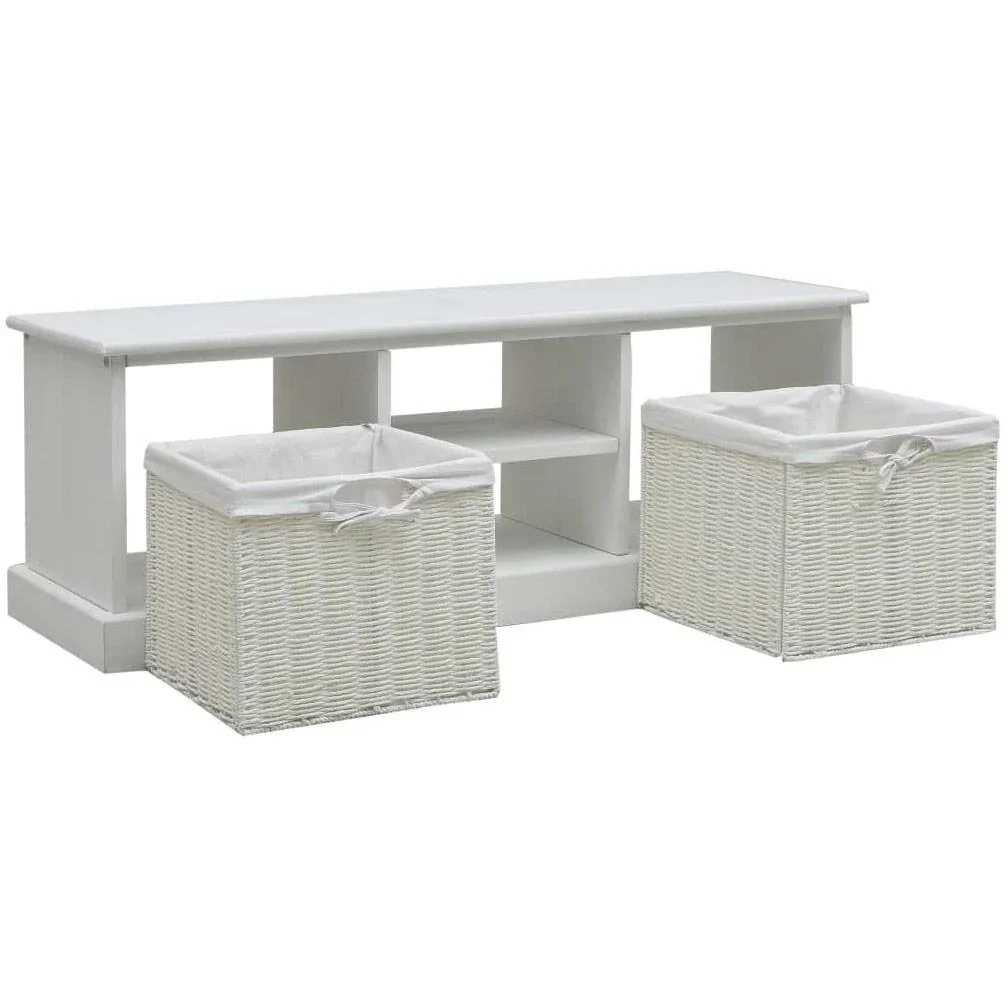 TV-Schrank mit 2 Körben Holz weiß - 2