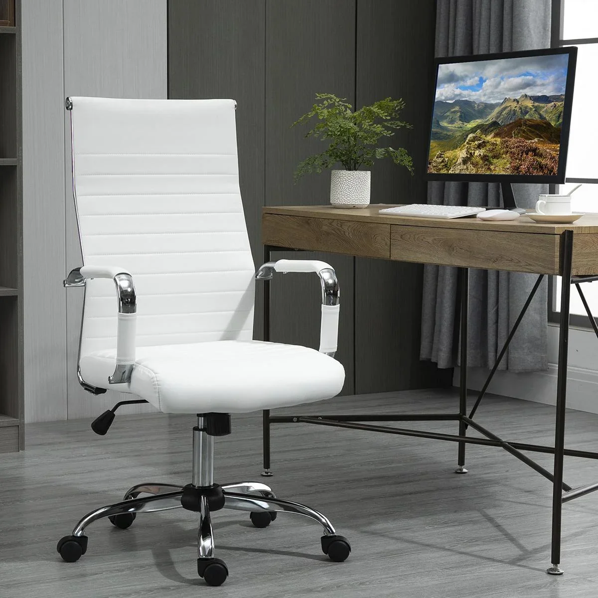 Bürostuhl Gaming Drehstuhl Chefsessel Wippfunktion höhenverstellbar gepolstert ergonomisch PU-Leder Schaumstoff Weiß 54 - 1