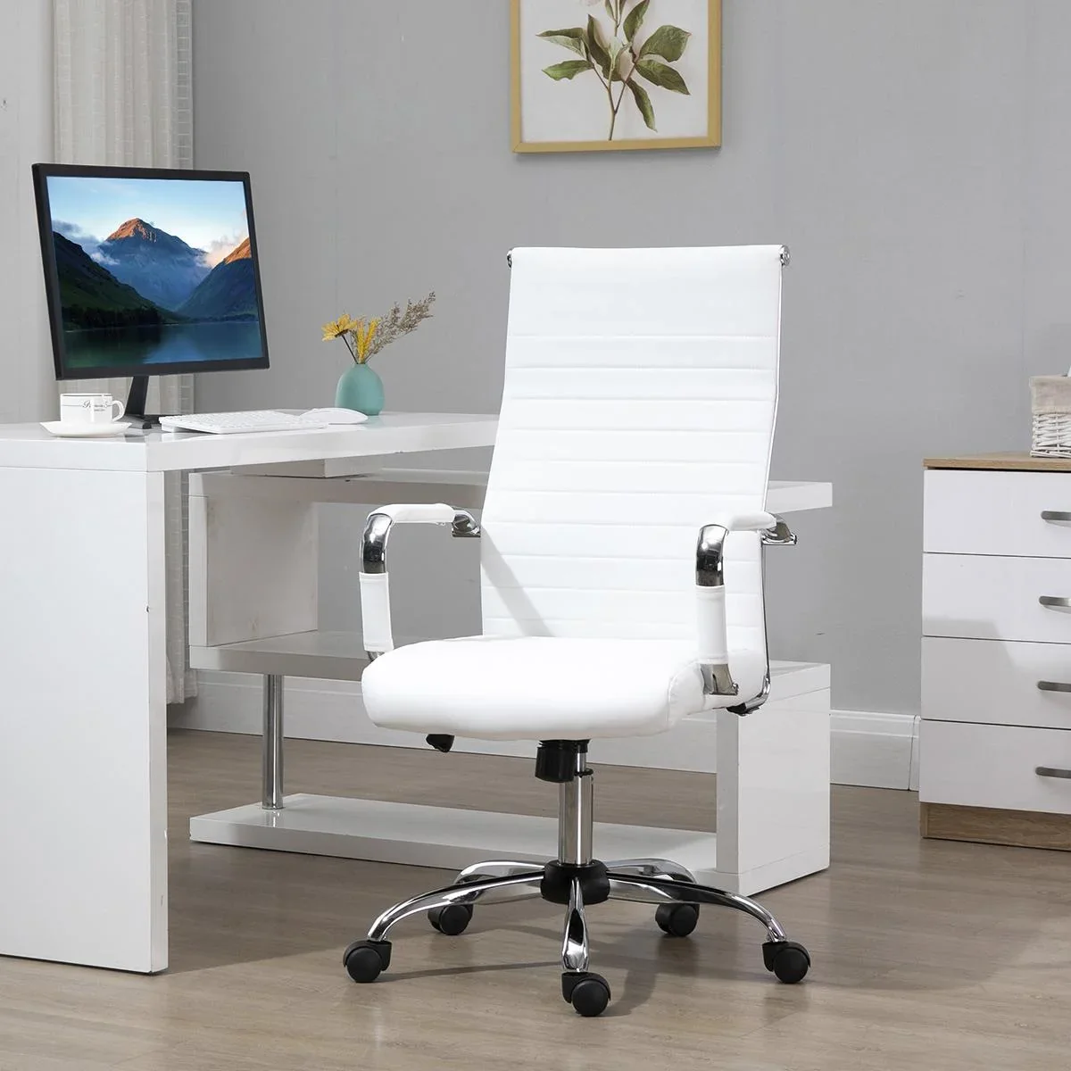 Bürostuhl Gaming Drehstuhl Chefsessel Wippfunktion höhenverstellbar gepolstert ergonomisch PU-Leder Schaumstoff Weiß 54 - 2