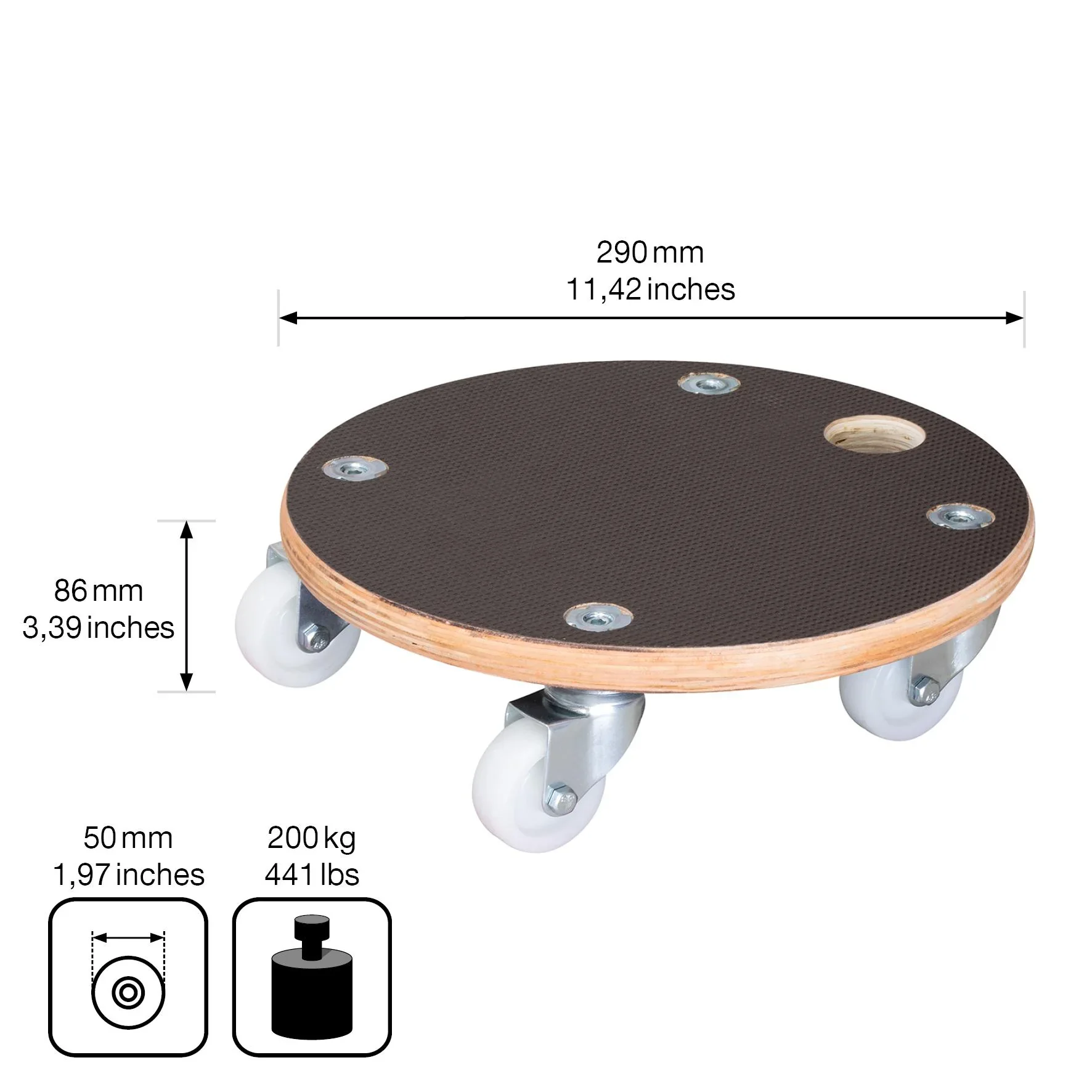 Multi Roller MR 1351, Ø 29 x 8,5 cm, harte Rollen Ø 50 mm, Gleitlager, Multiplex Platte FSC®, Tragkraft 200 kg - 2