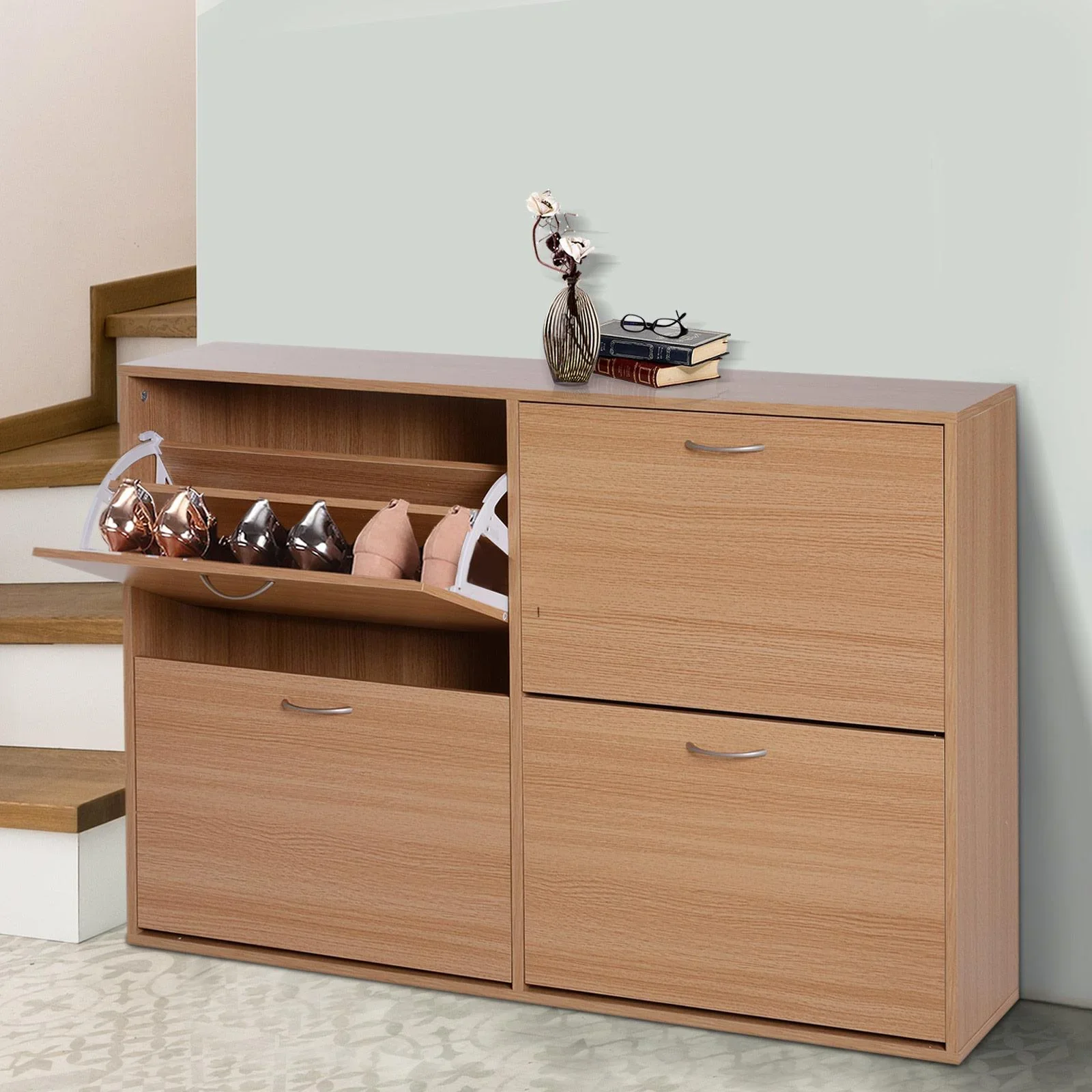 Schuhkipper Schuhschrank Schuhständer Schuhregal mit 4 Klappen 16 24 Paar Spannplatte Natur 120 x 24 x 81 cm - 0