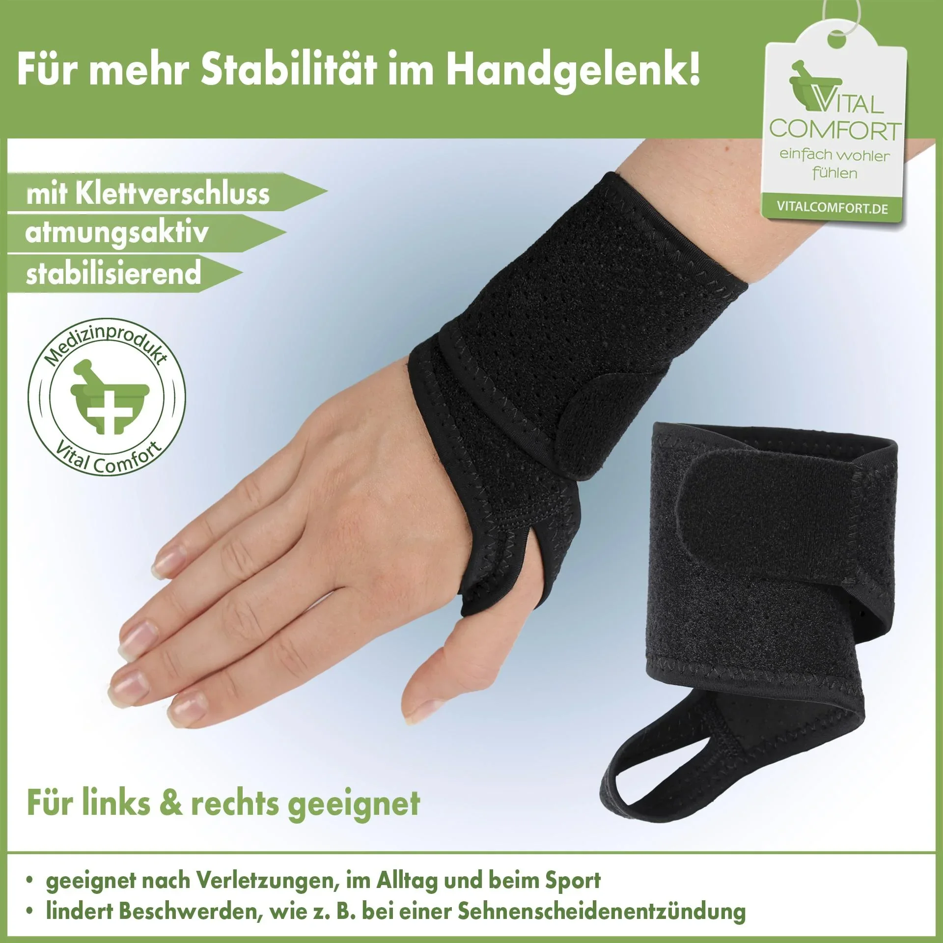 Aktiv-Handgelenkbandage mit Klettverschluss „Flexitek“, Universalgröße, Schwarz - 0