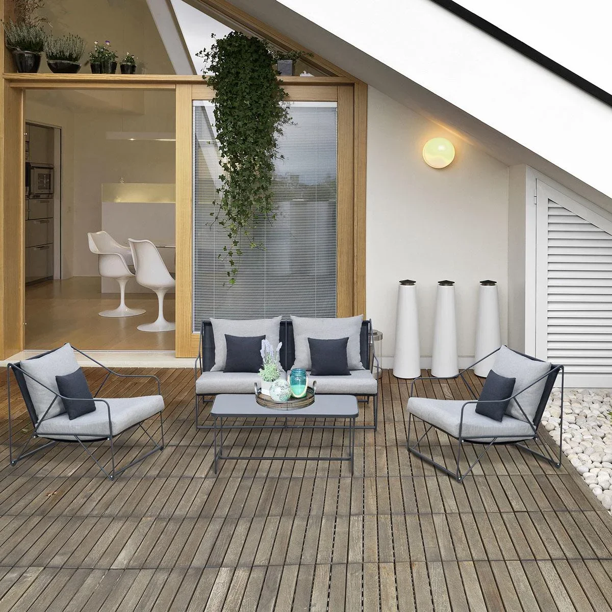 4-tlg. Gartengarnitur Gartenmöbel-Set Gartenliege Gartenset Sitzgruppe mit Couchtisch Sofa mit Kissen Outdoor Metall Gra - 0