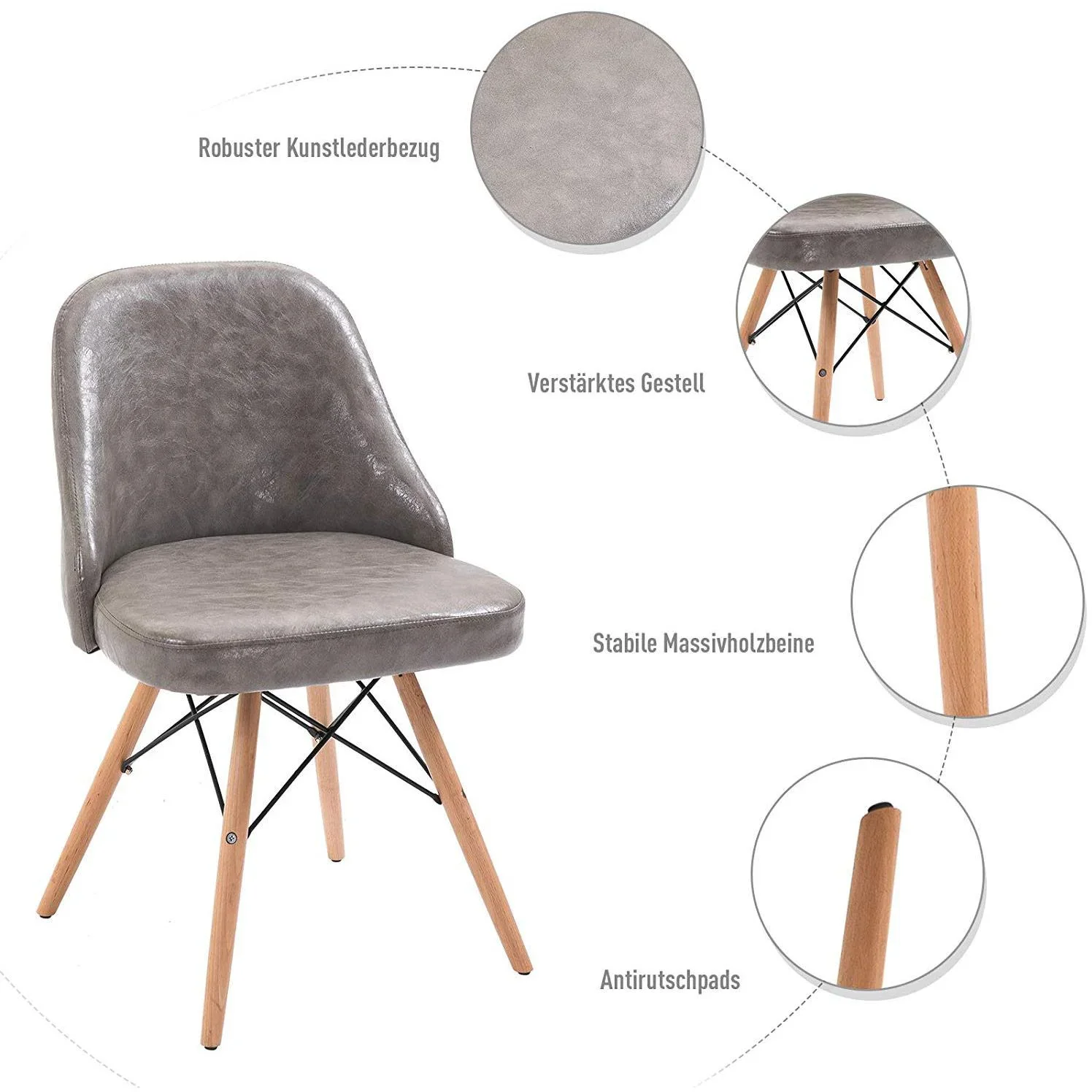 2er-Set Relaxsessel Loungesessel Polstersessel Cocktailsessel Stuhl PU + Metall + Buchenholz Grau 49 x 47,5 x 76 cm - 2