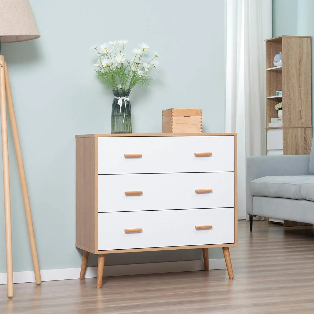 Kommode mit 3 Schubladen Sideboard Schubladenkommode Schrank Mehrzweckschrank Wohnzimmer Esszimmer Skandi-Design Weiß+Na - 0