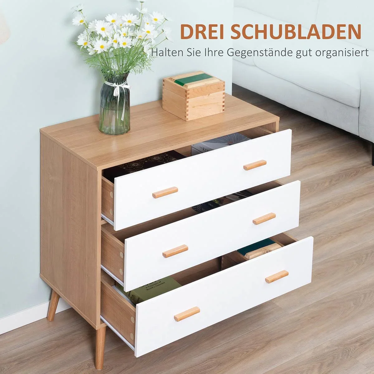 Kommode mit 3 Schubladen Sideboard Schubladenkommode Schrank Mehrzweckschrank Wohnzimmer Esszimmer Skandi-Design Weiß+Na - 2