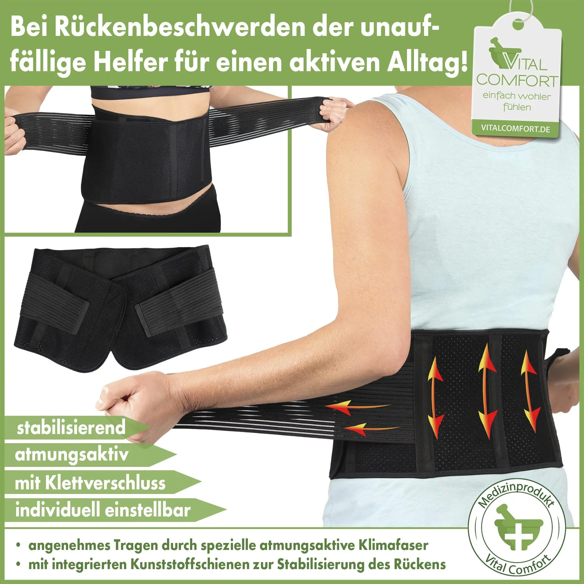 Aktiv-Rückenbandage mit Klettverschluss „Flexitek“, Rückenstützgürtel, Universalgröße, Schwarz - 0