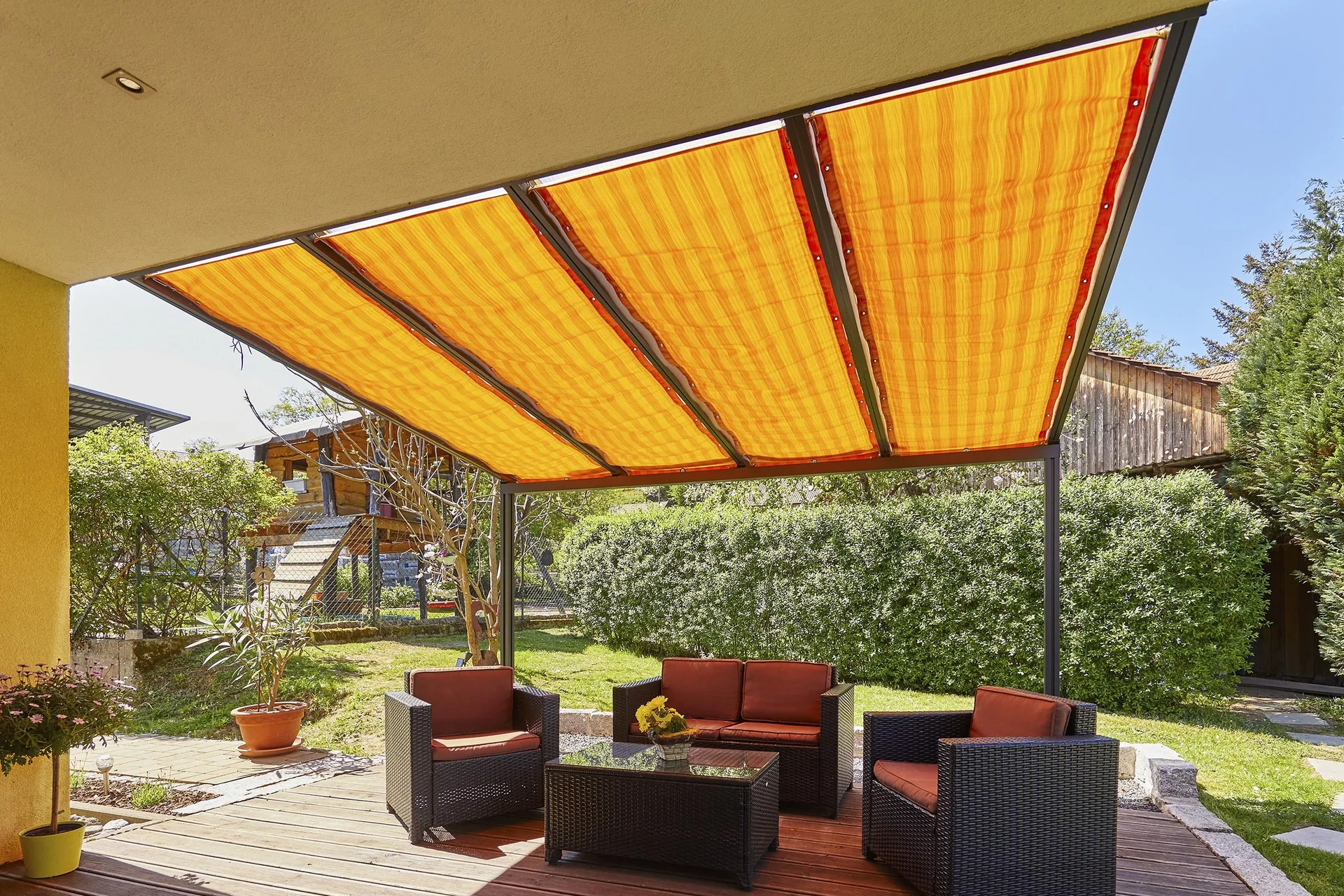 Beschattung mit Seilführung, 1155 x 2900 mm - Stoff Golden Crops, orange gestreift - 1