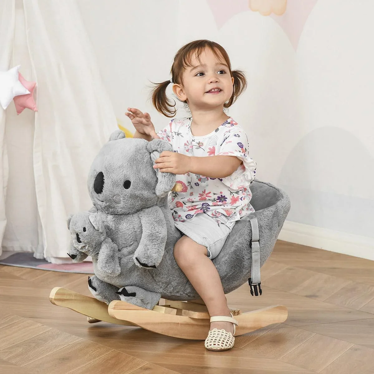 Schaukelpferd Plüsch Schaukeltier Babyschaukel mit Koala-Rufen Spielzeug für 18-36 Monaten Koala-Design Plüsch Holz Grau - 0
