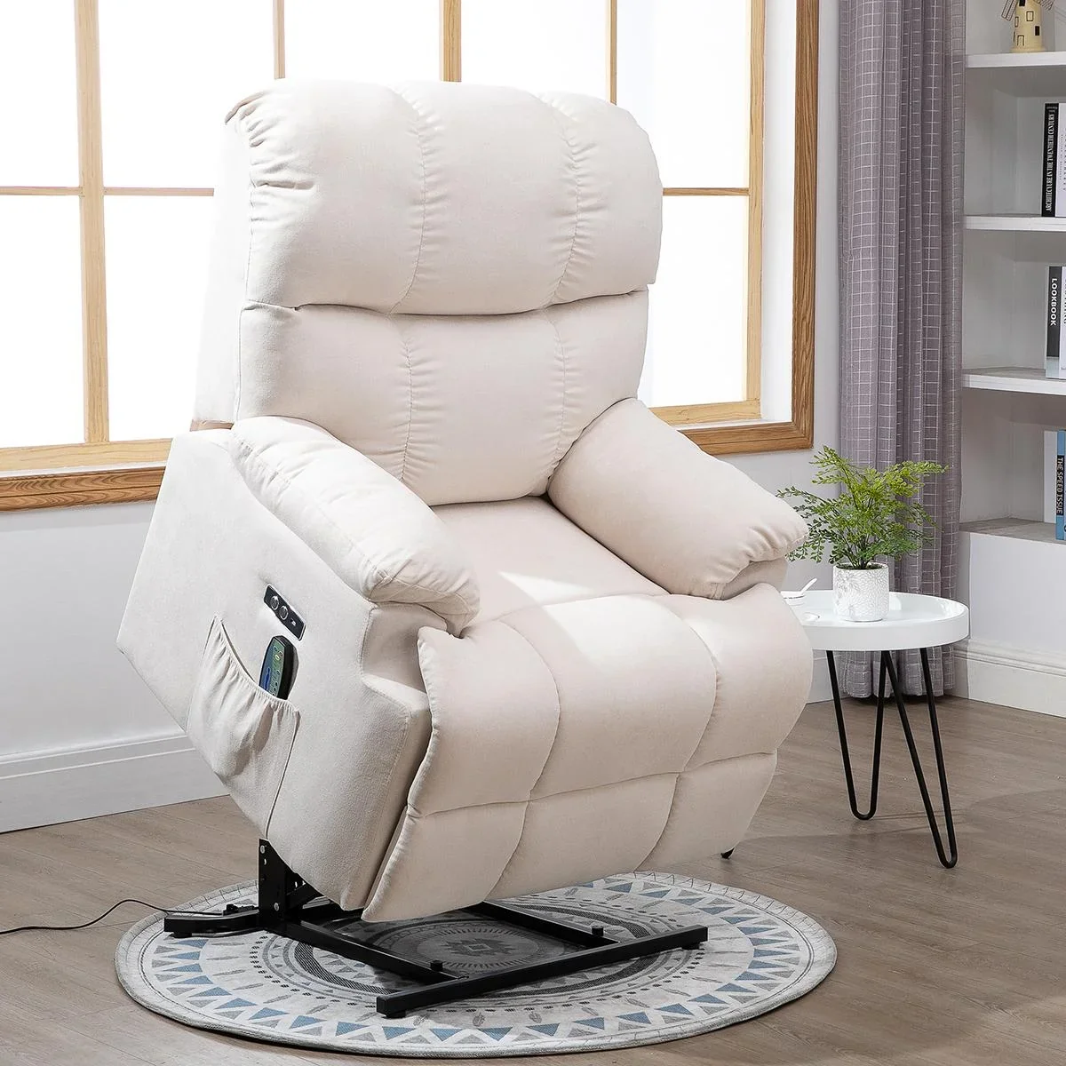 Massagesessel Aufstehhilfe elektrischer Relaxsessel mit Wärmefunktion verstellbarer Winkel USB Fernbedienung Kurzplüsch - 0