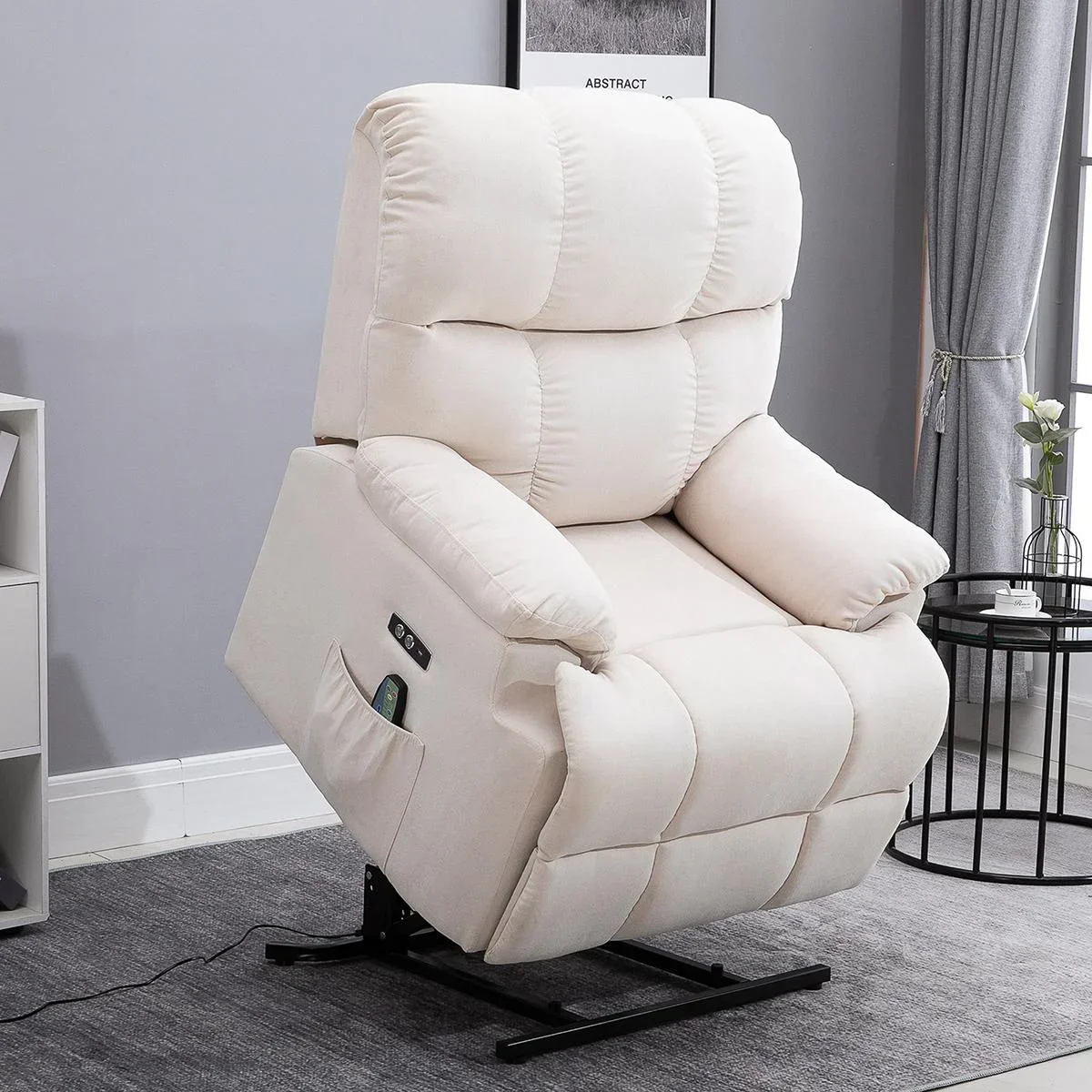 Massagesessel Aufstehhilfe elektrischer Relaxsessel mit Wärmefunktion verstellbarer Winkel USB Fernbedienung Kurzplüsch - 2