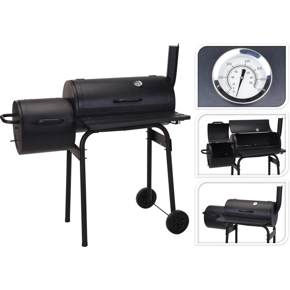 BBQ Grill - Smoker schwarz mit Thermostat und 3-teiligem BBQ Werkzeugset - Grillfläche 66 x 34 cm - 1