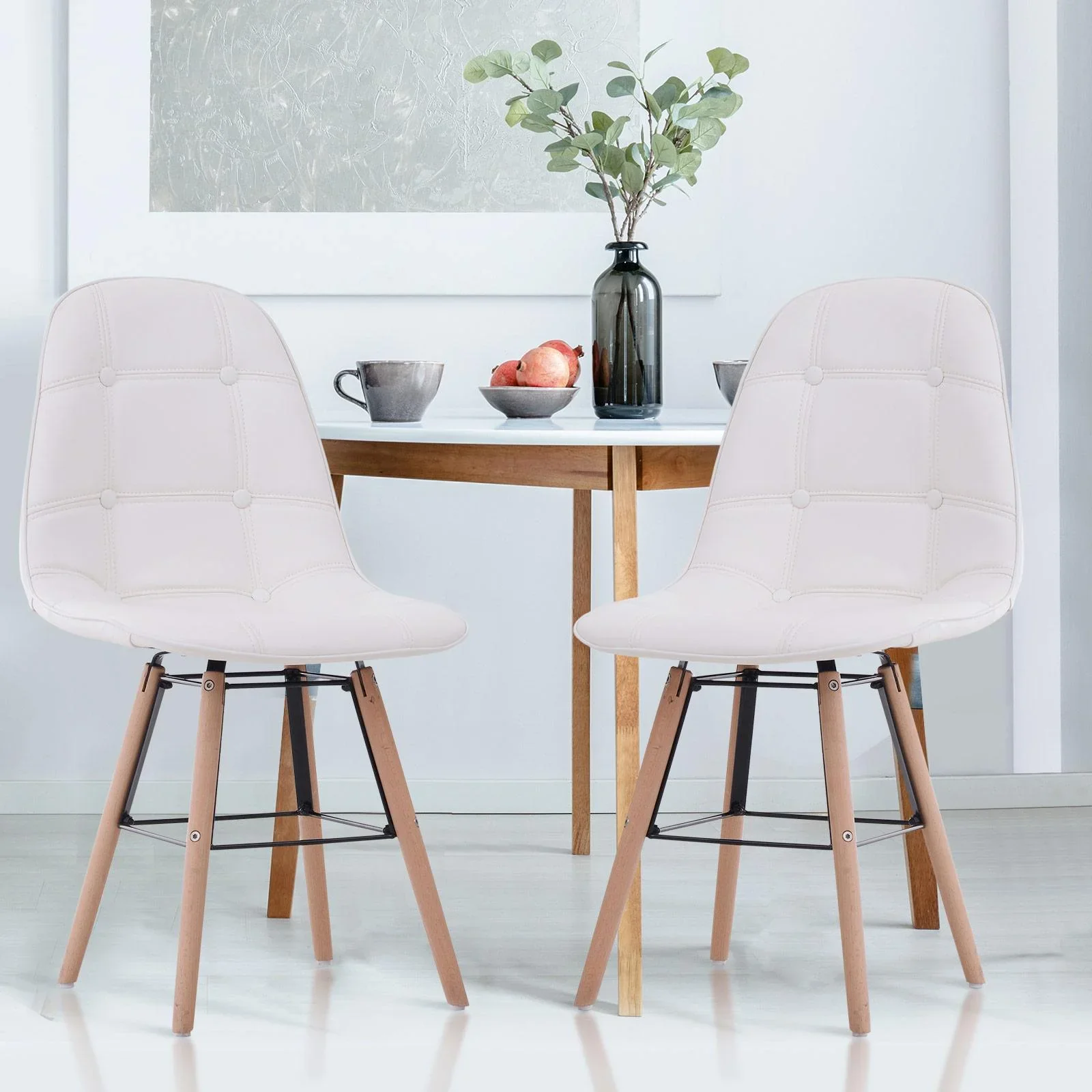 2er-Set Küchenstuhl Esszimmerstuhl mit Rückenlehne Polstersessel Kunstleder Cremeweiß 50 x 44 x 83 cm - 4